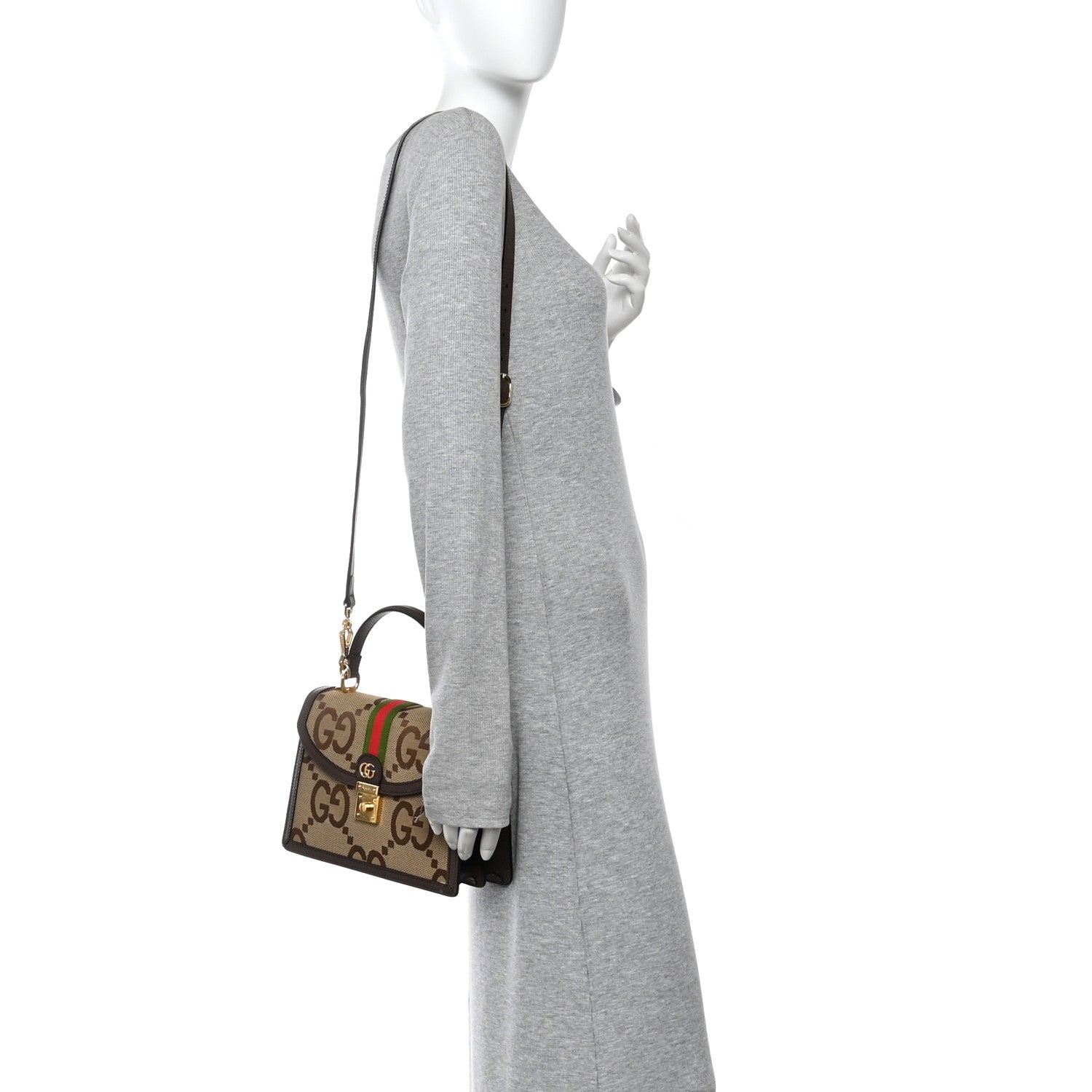 Gucci Monogram Jumbo GG Textured Dollar Calfskin Web Small Ophidia Padlock Top Handle Bag Camel Ebony New Acero 2 of 12