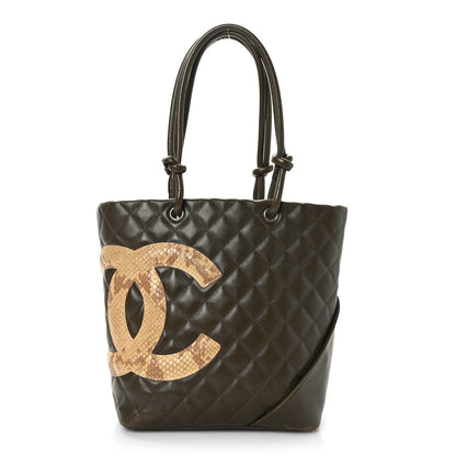 Chanel Calfskin Snakeskin Quilted Small Cambon Tote Khaki 1 of 10
