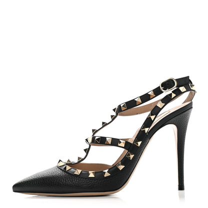 Valentino Garavani Pebbled Calfskin Rockstud Ankle Strap Pumps 39 Black 1 of 13