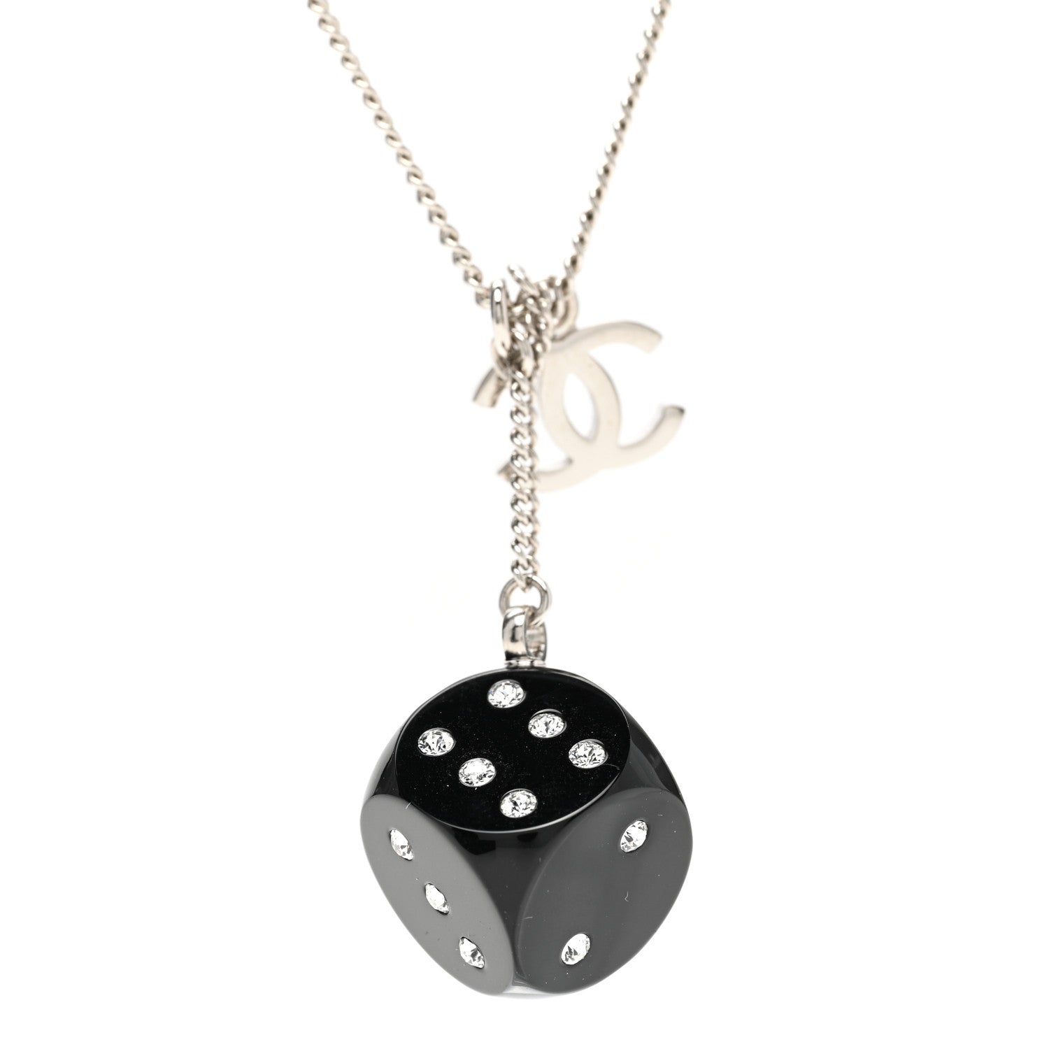 Chanel Resin Crystal CC Dice Necklace Black Silver 1 of 7