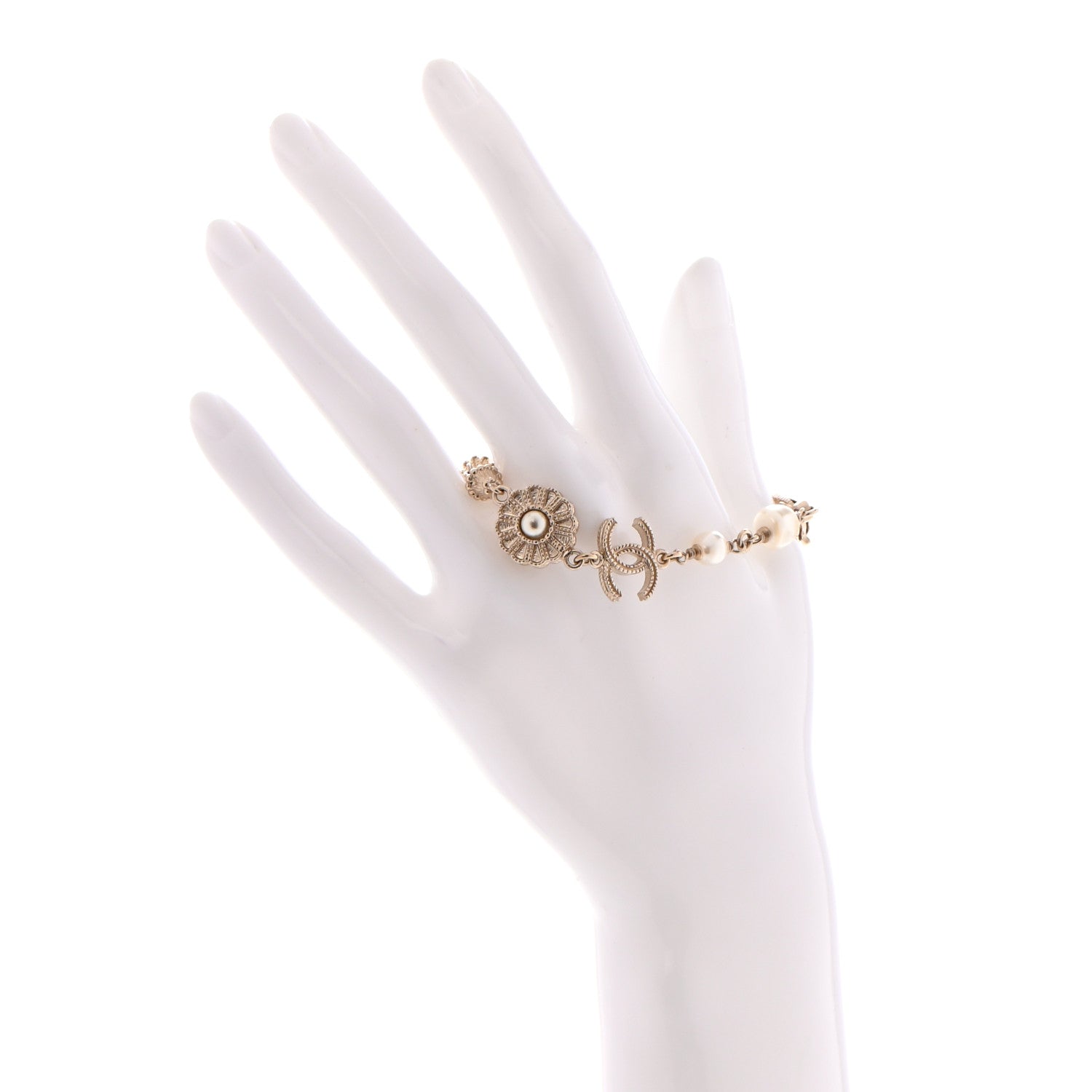 Chanel Pearl Crystal CC Flower Bracelet Gold 2 of 8