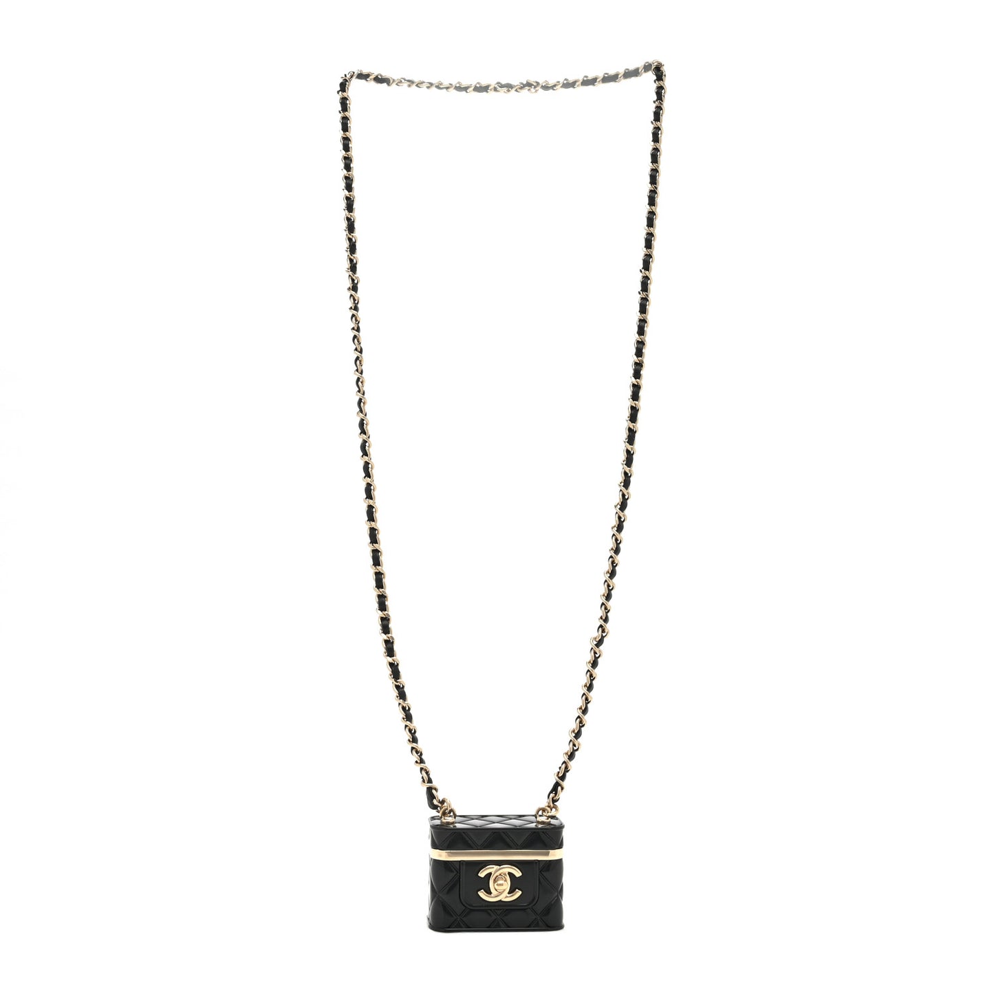 Metal Resin Calfskin Quilted CC Push Lock Long Necklace Gold Black