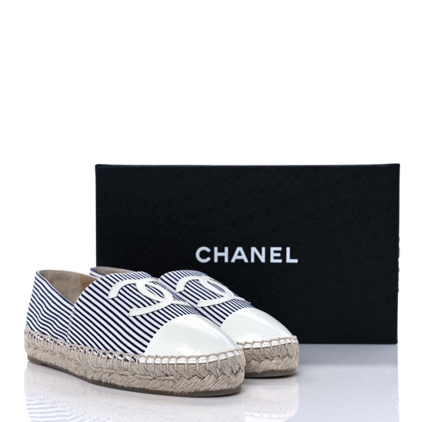Canvas Striped Patent CC Espadrilles 37 Ivory Navy White