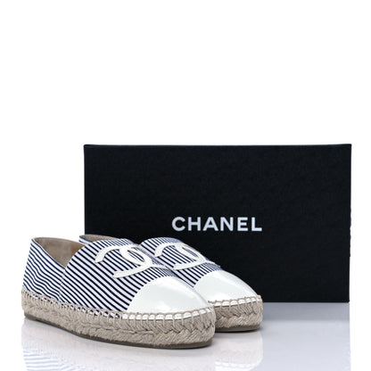 Chanel Canvas Striped Patent CC Espadrilles 37 Ivory Navy White 9 of 9