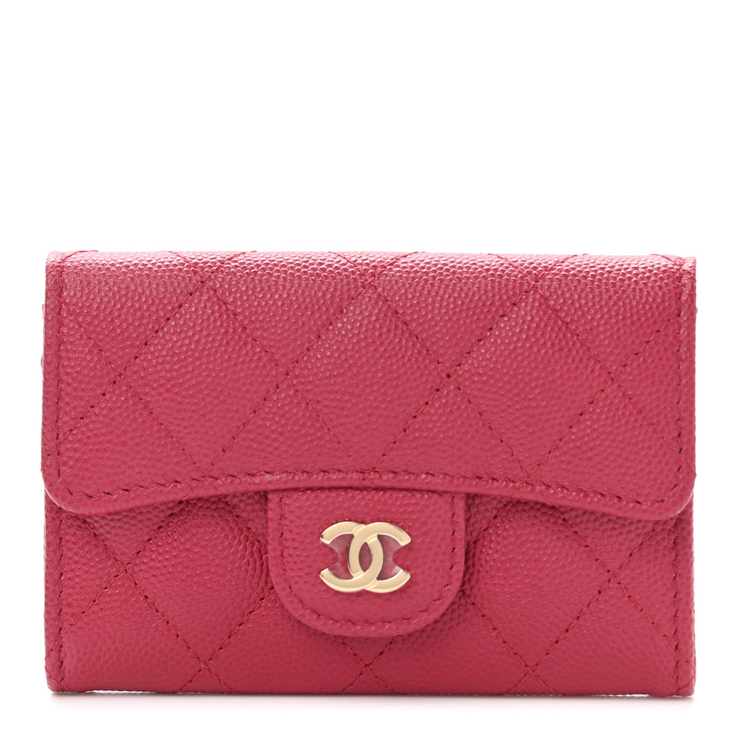 Caviar Quilted Flap Card Holder Wallet Dark Pink