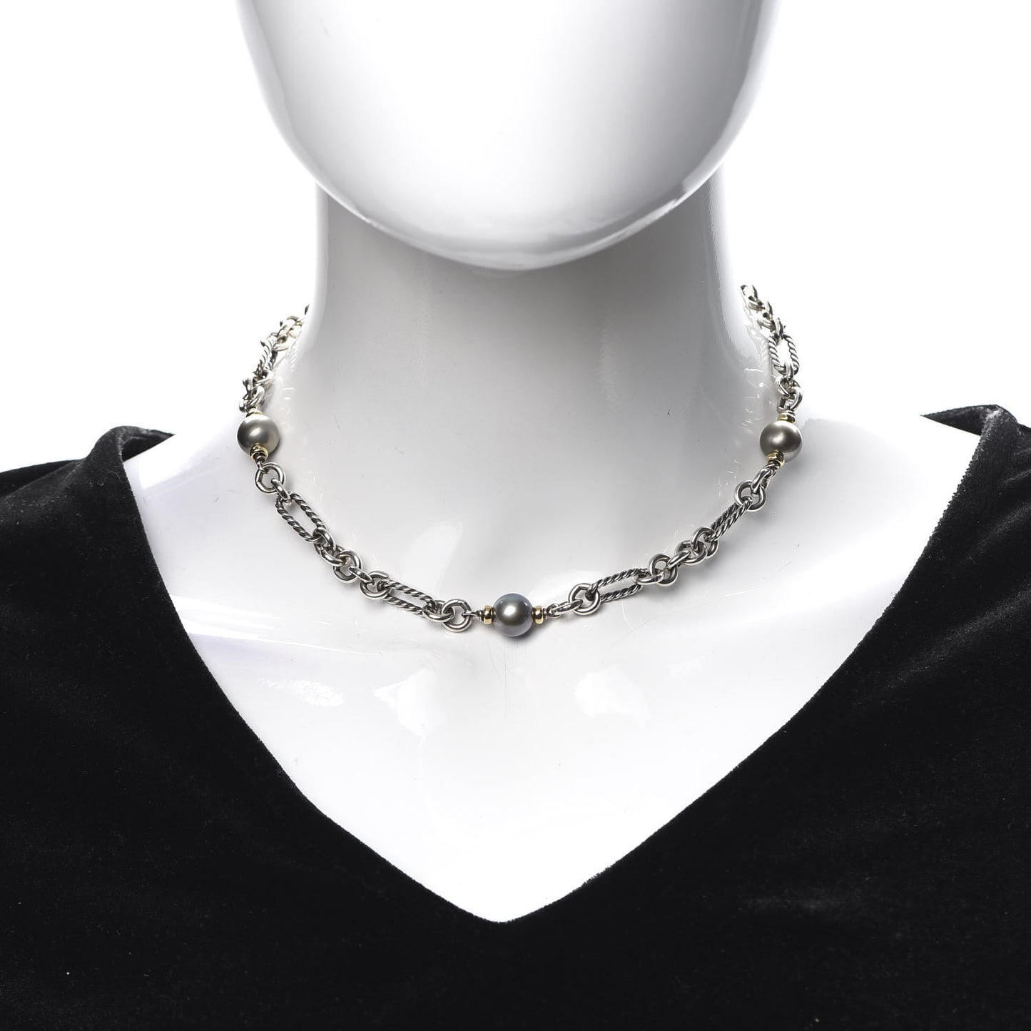Sterling Silver 18K Yellow Gold Tahitian Pearl Figaro Chain Necklace