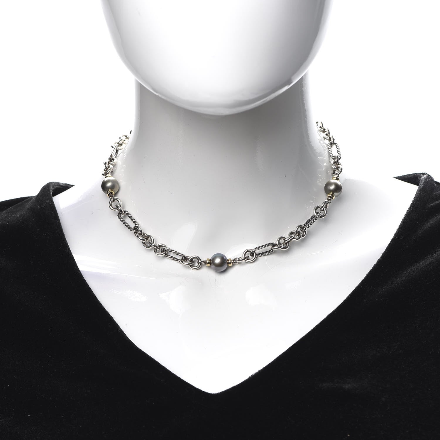 David Yurman Sterling Silver 18K Yellow Gold Tahitian Pearl Figaro Chain Necklace 2 of 4