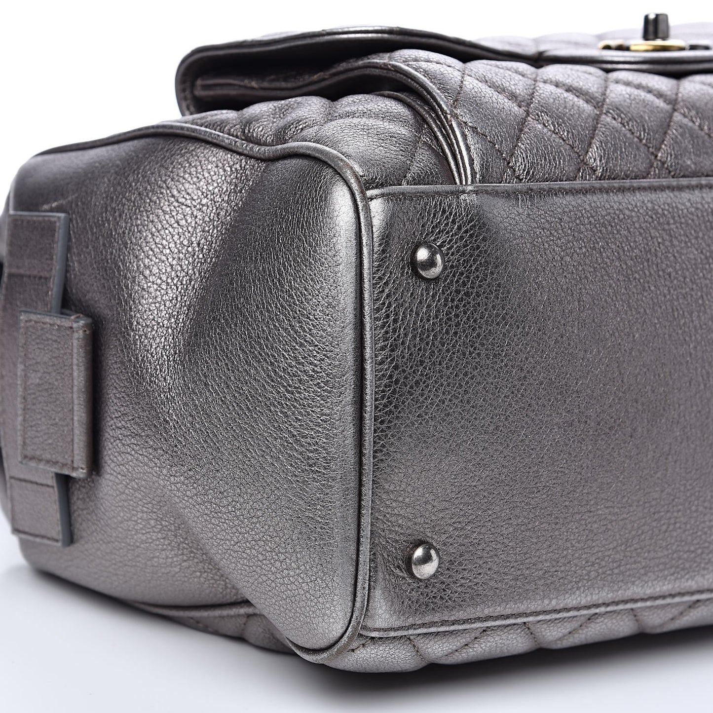 Metallic Grained Calfskin Quilted Large Casual Pocket Bowling Bag Silver