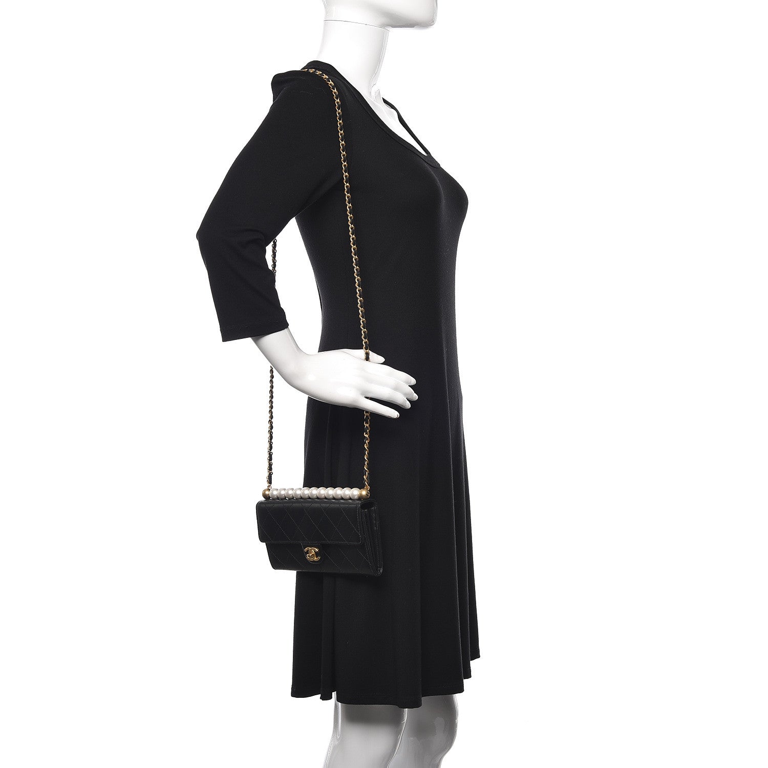 Chanel Goatskin Stitched Pearl Clutch With Chain Black 2 of 13