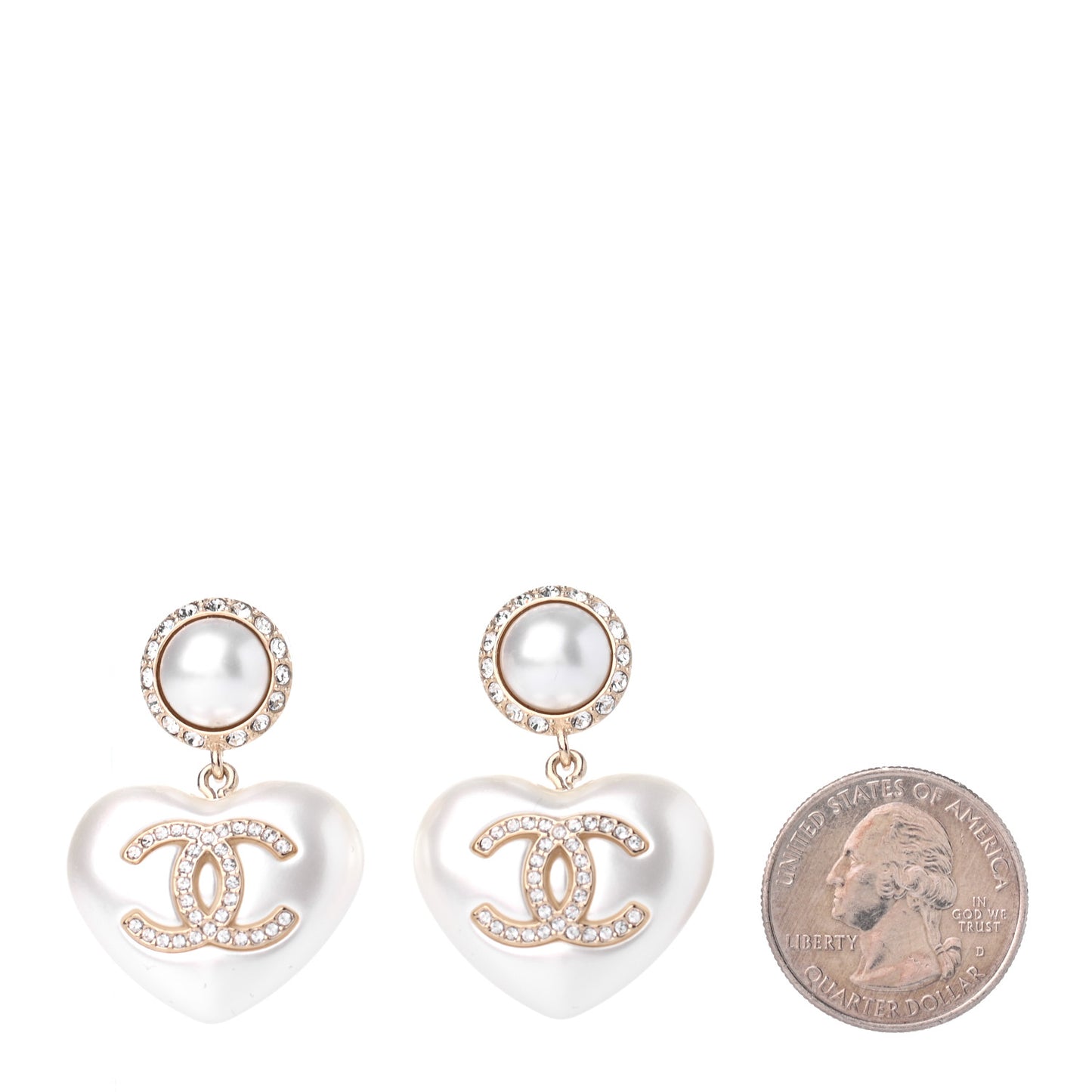 Pearl Crystal CC Heart Drop Earrings Gold