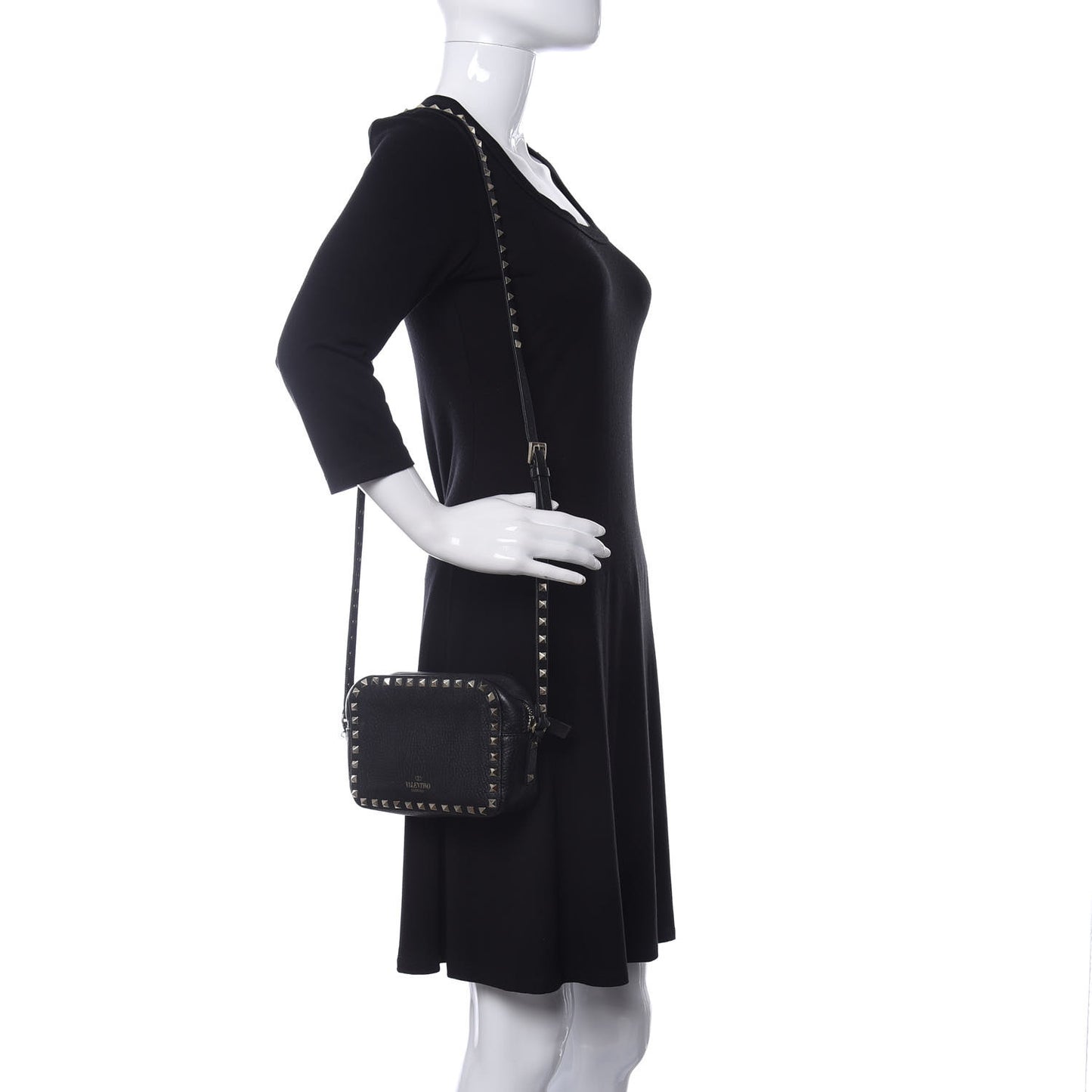 Pebbled Calfskin Rockstud Camera Crossbody Bag Black