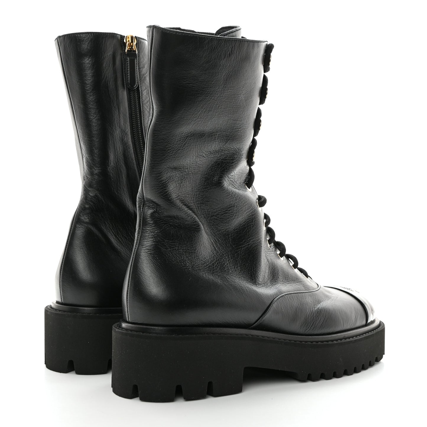 Crumpled Calfskin Patent Cap Toe Lace Up Combat Boots 41 Black