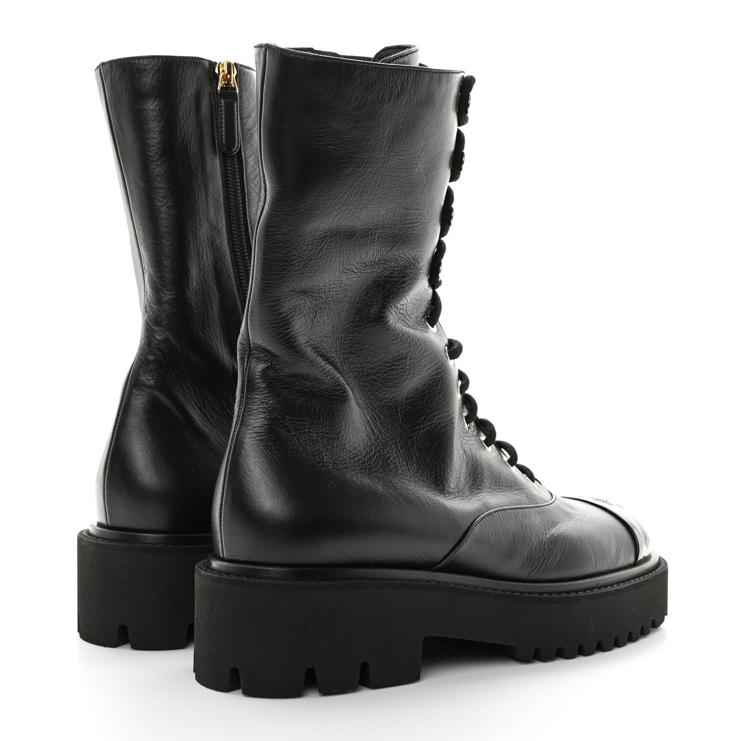 Chanel Crumpled Calfskin Patent Cap Toe Lace Up Combat Boots 41 Black 4 of 9