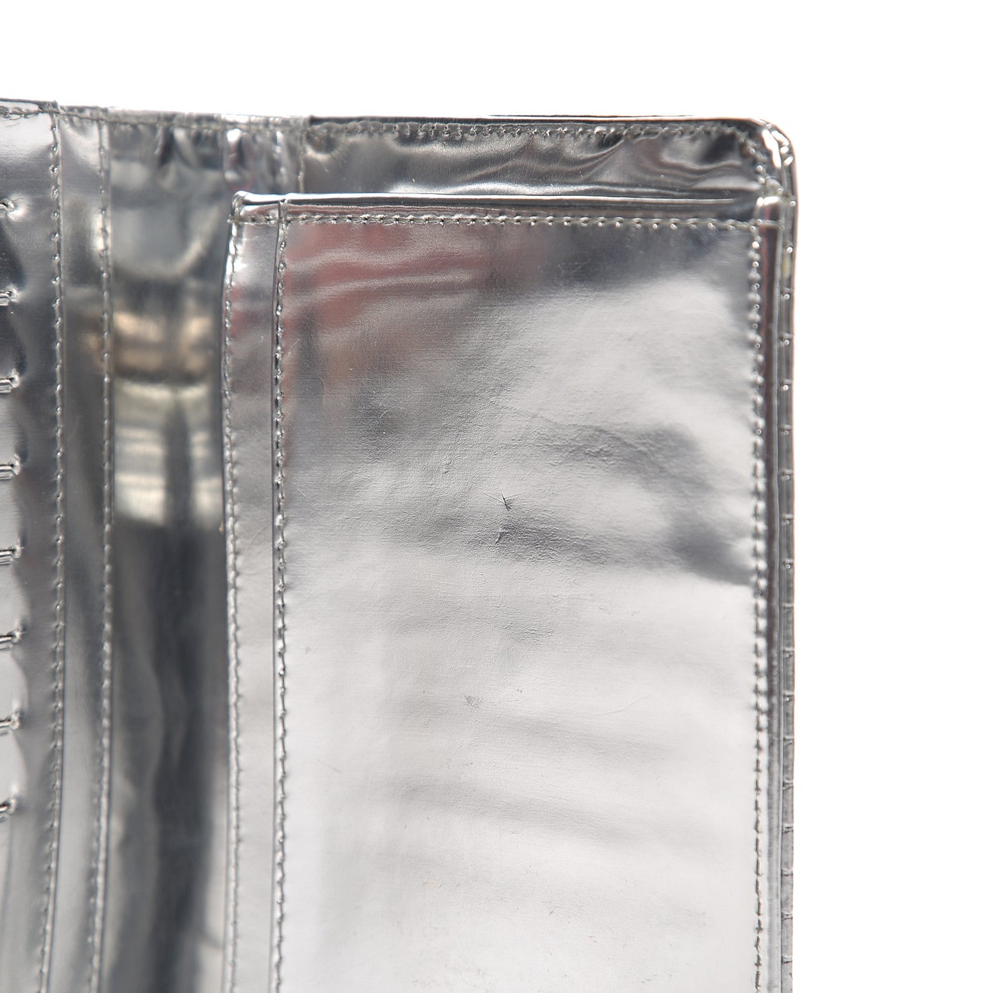 Metallic Patent Calfskin Embossed CC Yen Wallet Silver