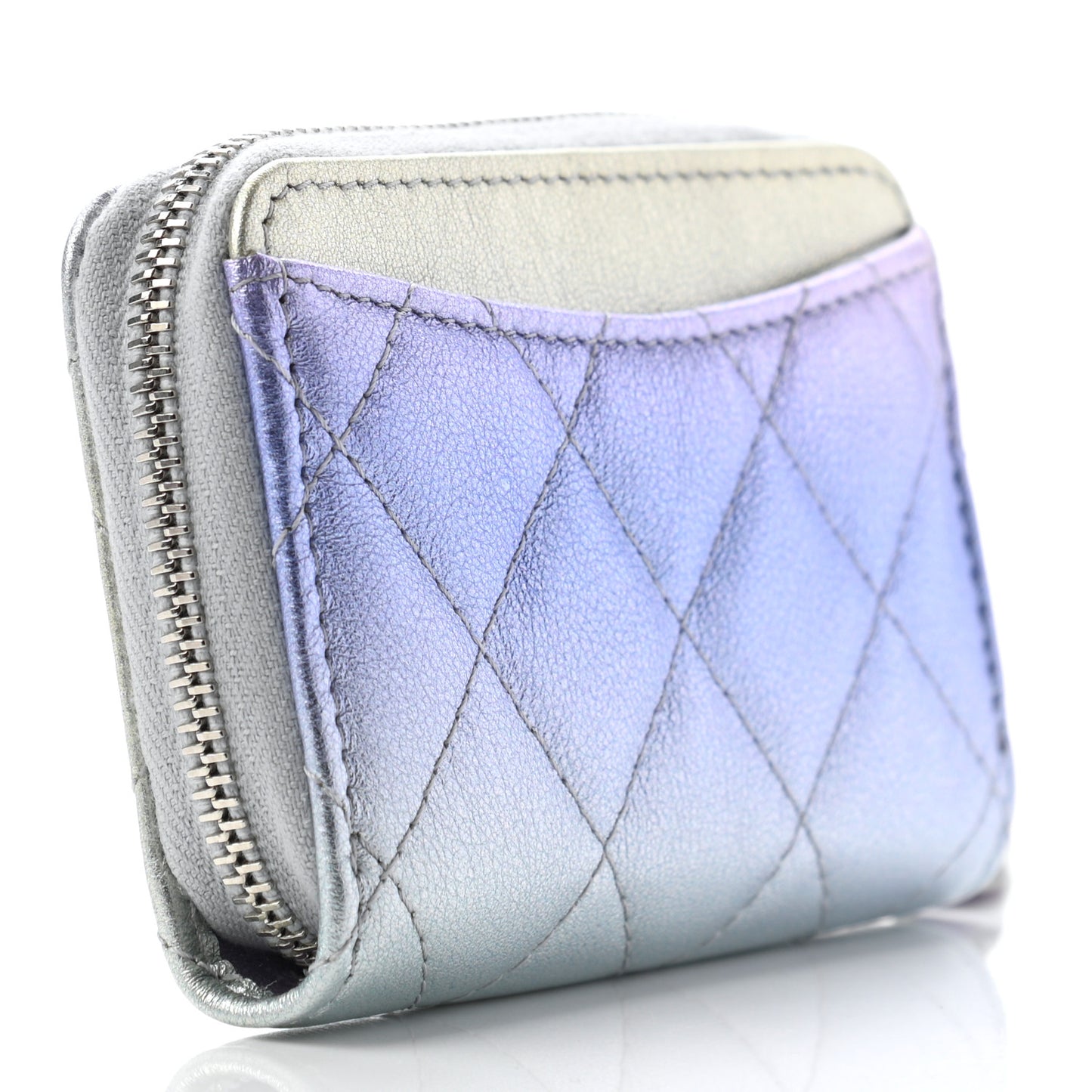 Gradient Metallic Calfskin Quilted Zip Around Coin Purse Wallet Silver Blue Yellow Purple