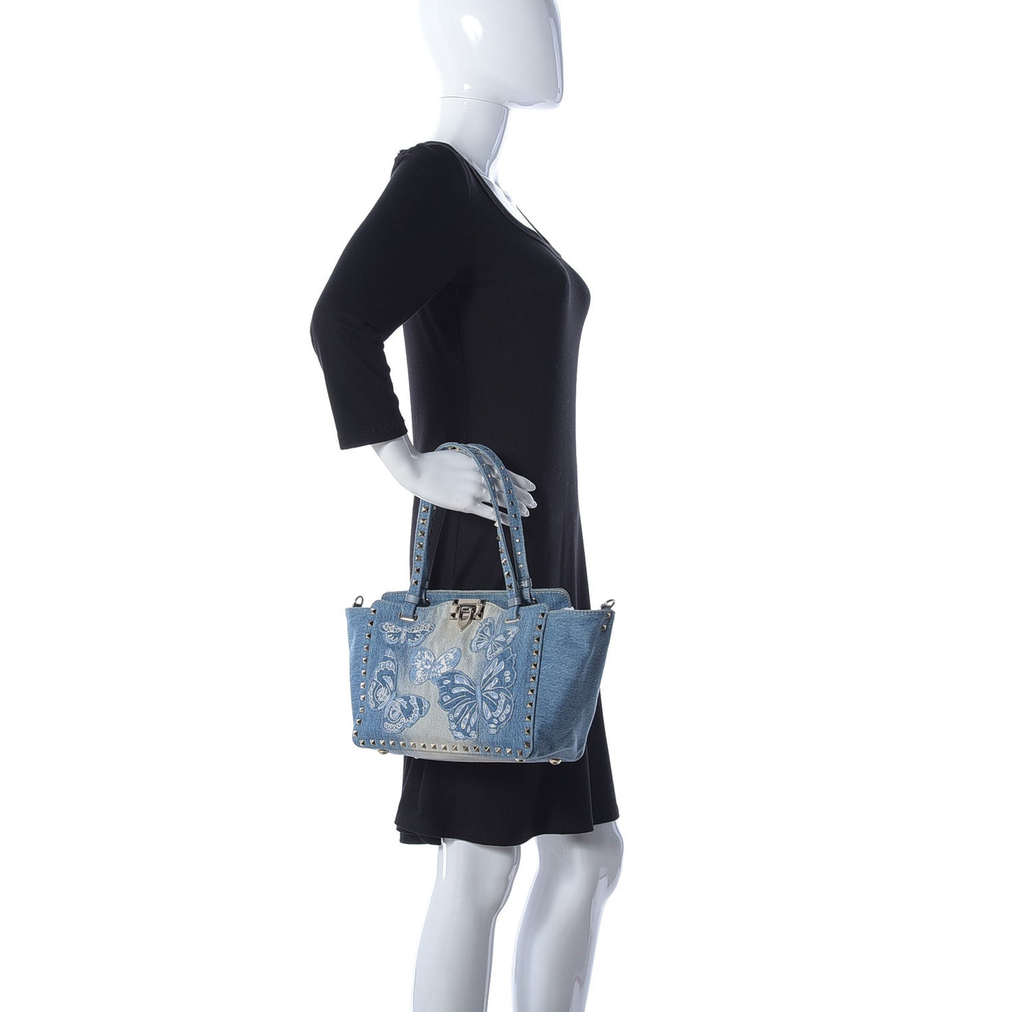 Denim Butterfly Embroidered Small Rockstud Tote Light Denim