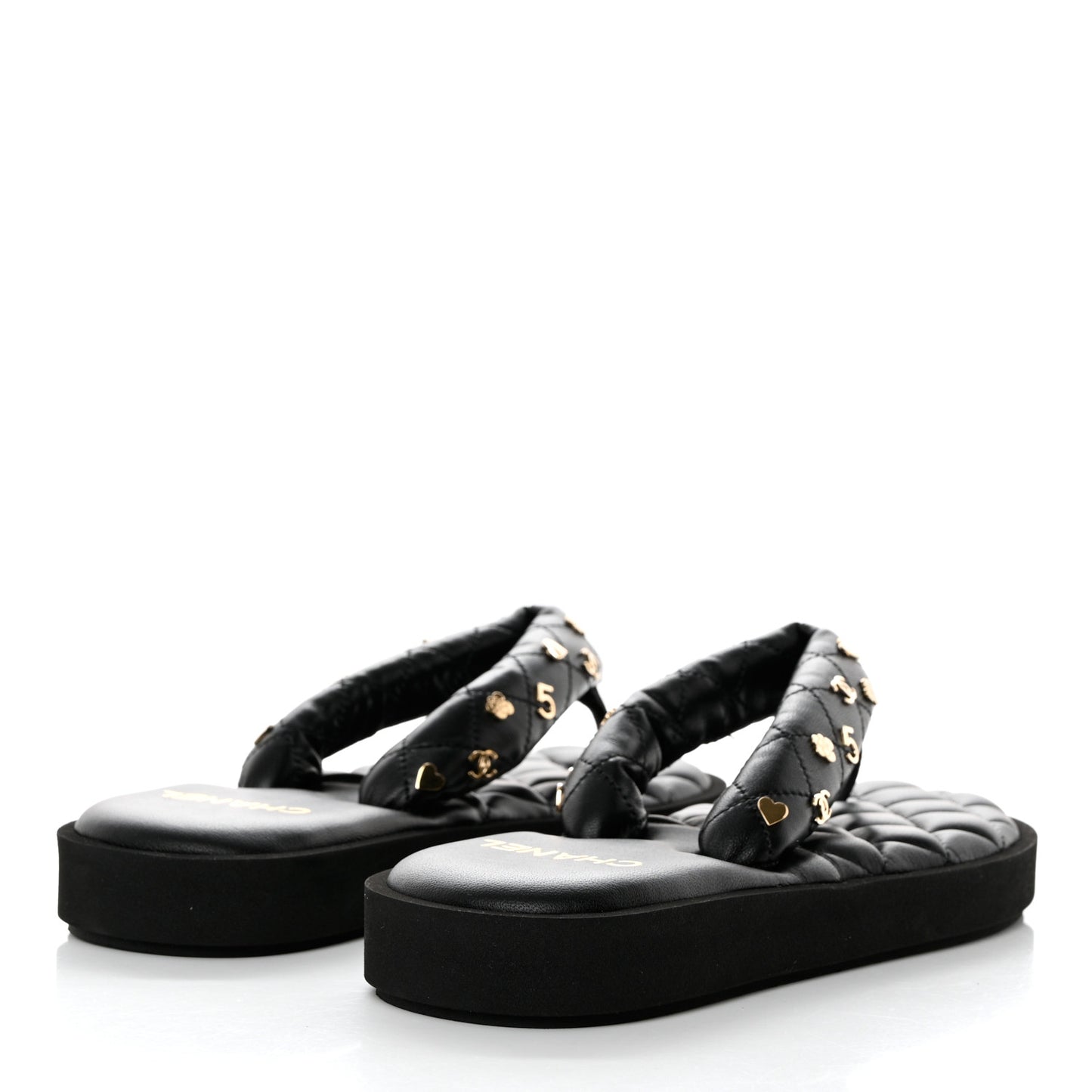 Lambskin Quilted Padded Charms Thong Sandals 39.5 Black