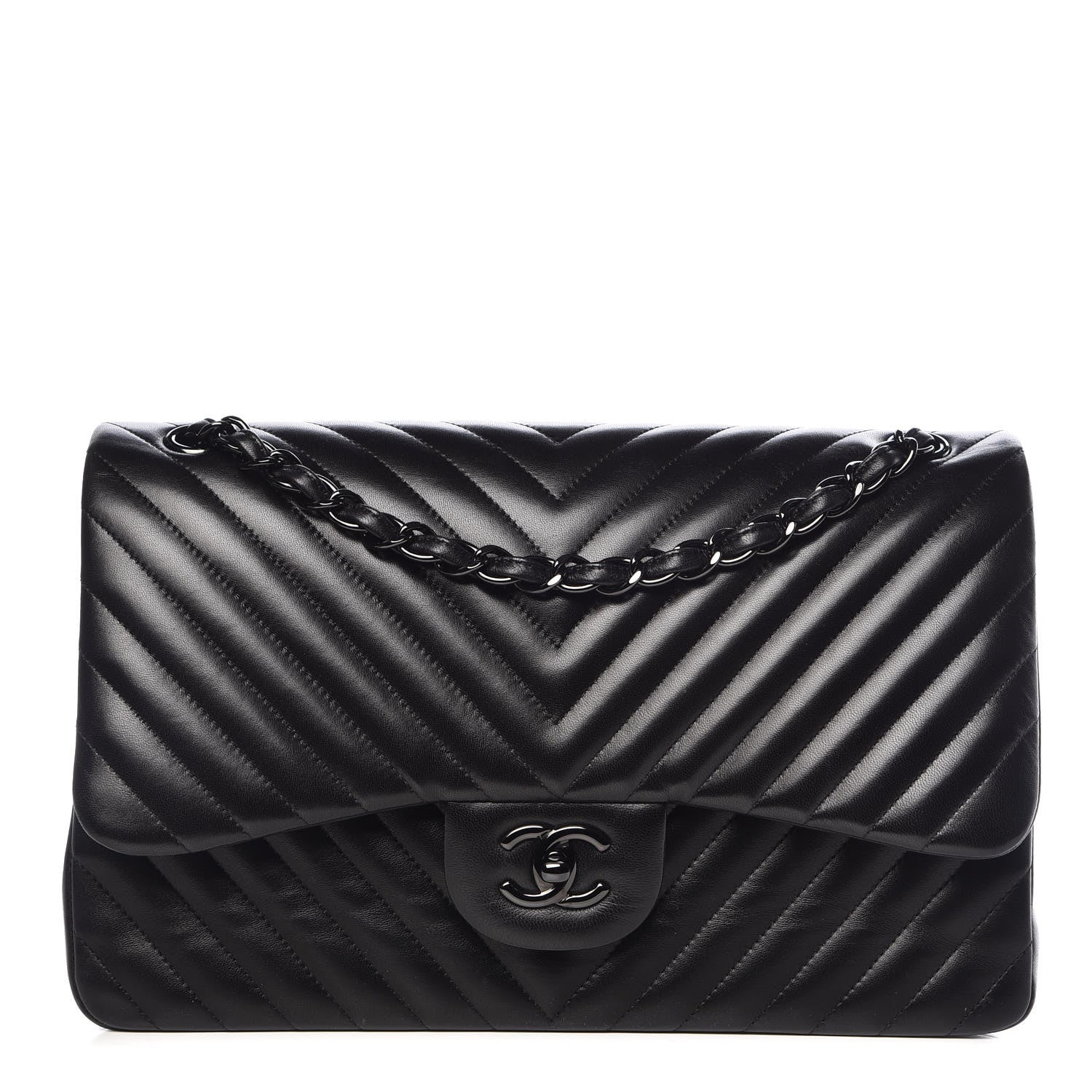 Chanel Lambskin Chevron Quilted Jumbo Double Flap So Black 1 of 10
