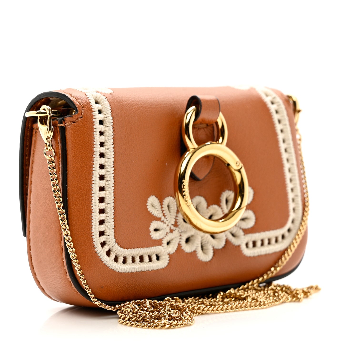 Shiny Nappa Vitello King Floral Ajour Embroidered Nano Baguette Charm Brandy