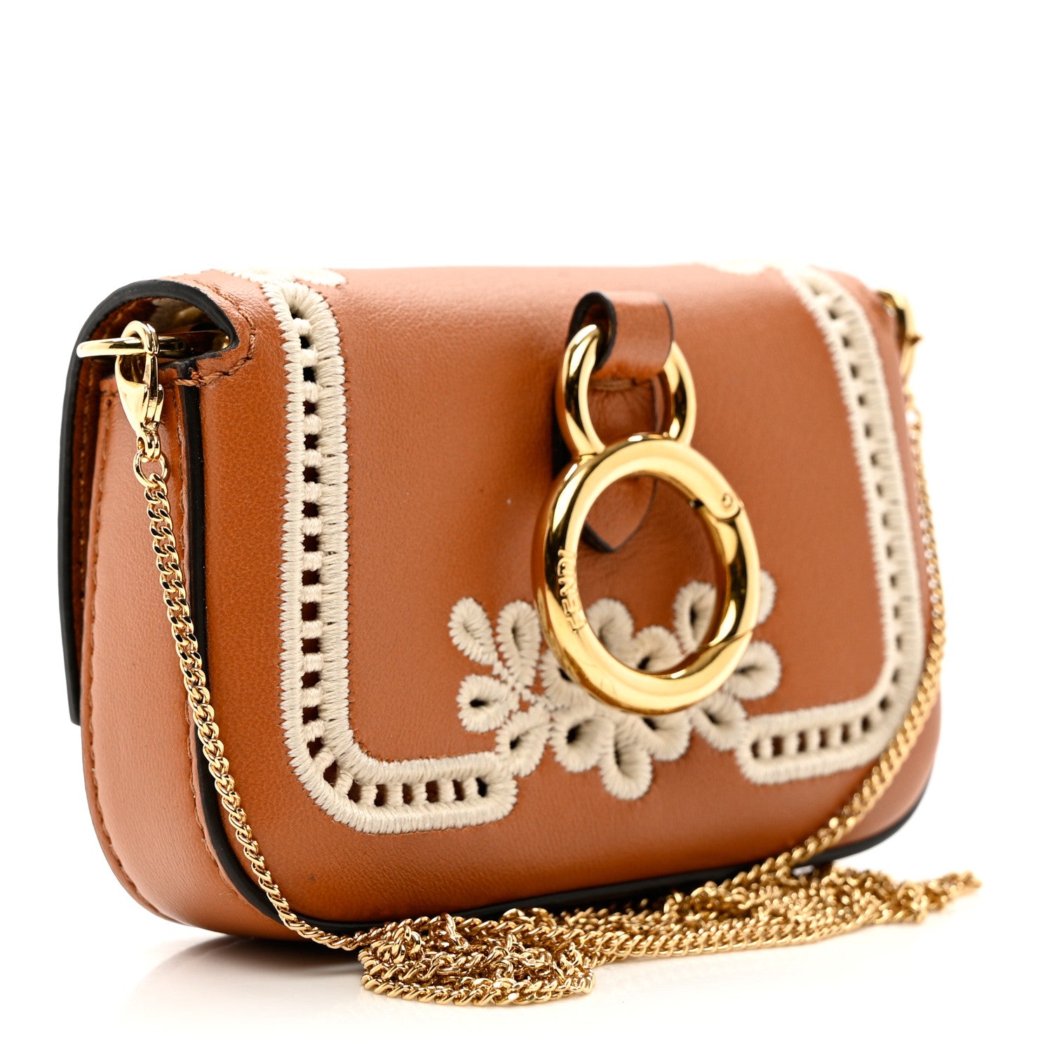 Fendi Shiny Nappa Vitello King Floral Ajour Embroidered Nano Baguette Charm Brandy 3 of 6