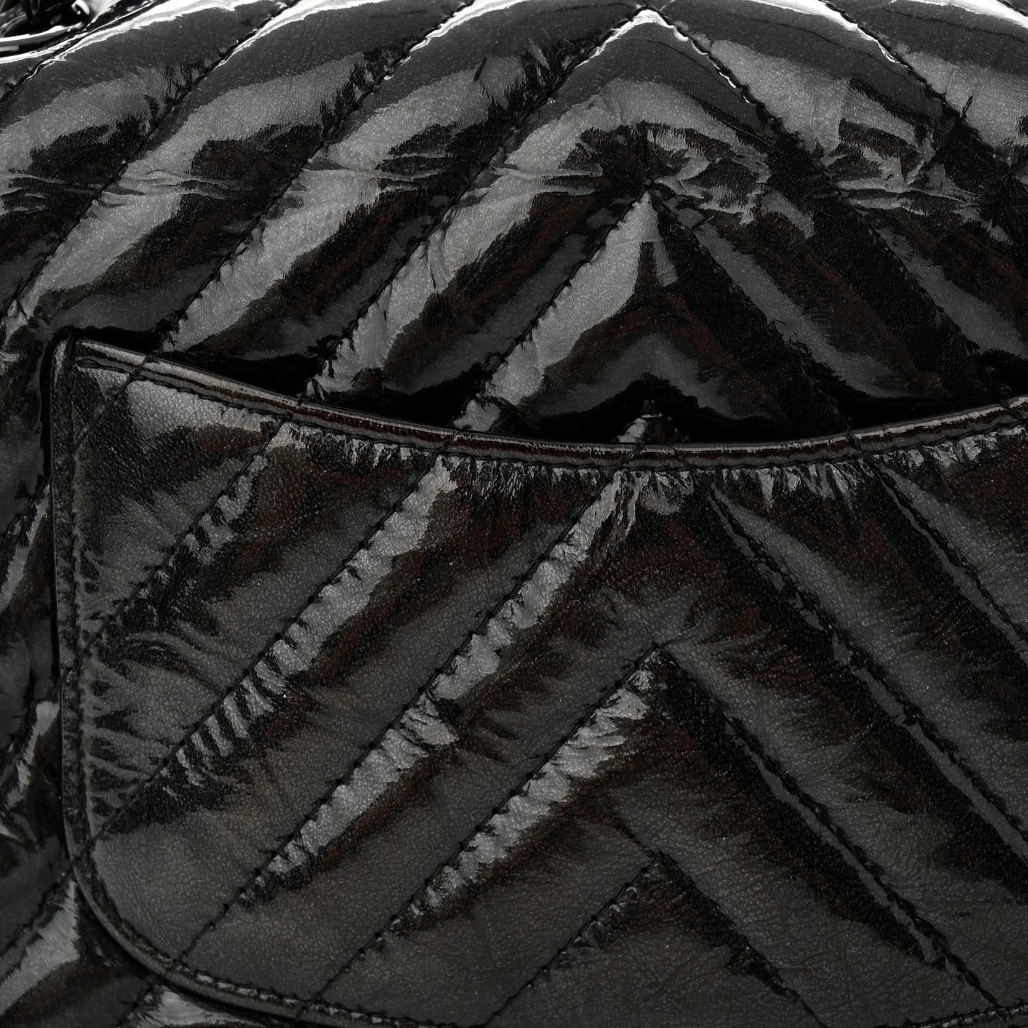 Patent Metallic Crumpled Calfskin Chevron Quilted Mini Rectangular Flap So Black