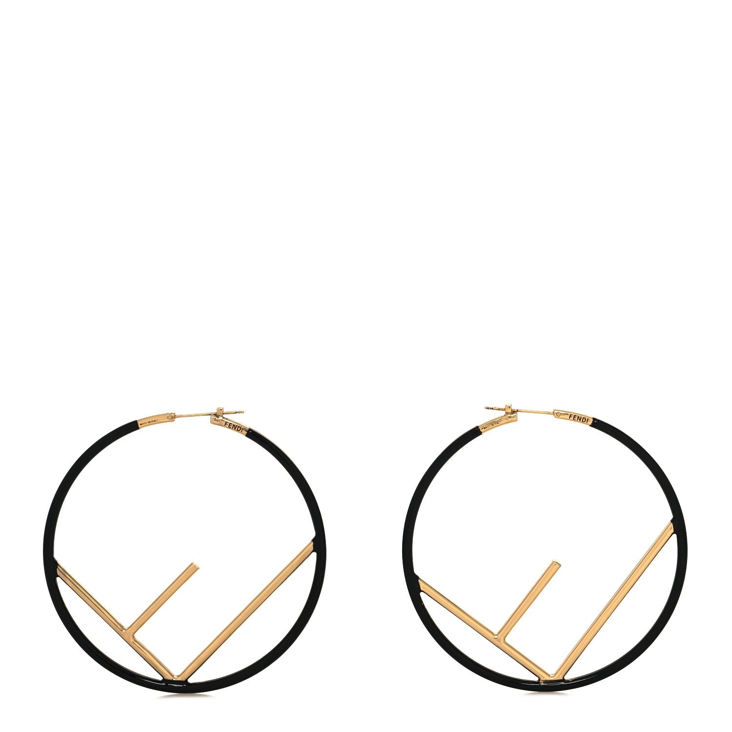 Fendi Metal Enamel Large F is Fendi Hoop Earrings Black Gold 1 of 6