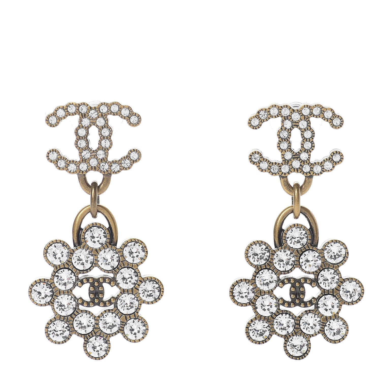 Chanel Crystal Strass CC City of Lights Cluster Dangle Earrings Gold 1 of 5