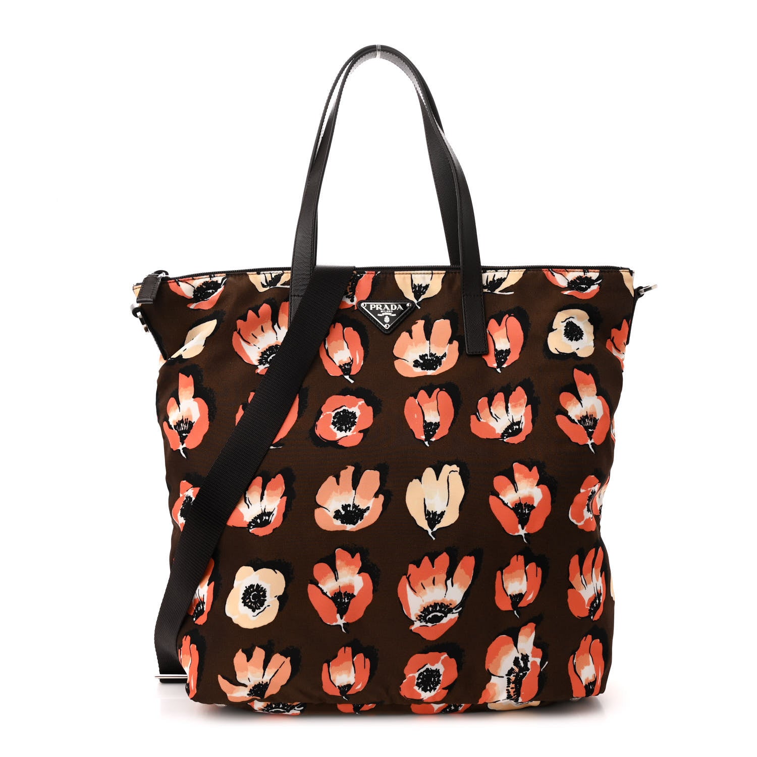 Prada Tessuto Stampato Nylon Saffiano Floral Print Tote Brown Multicolor 1 of 13