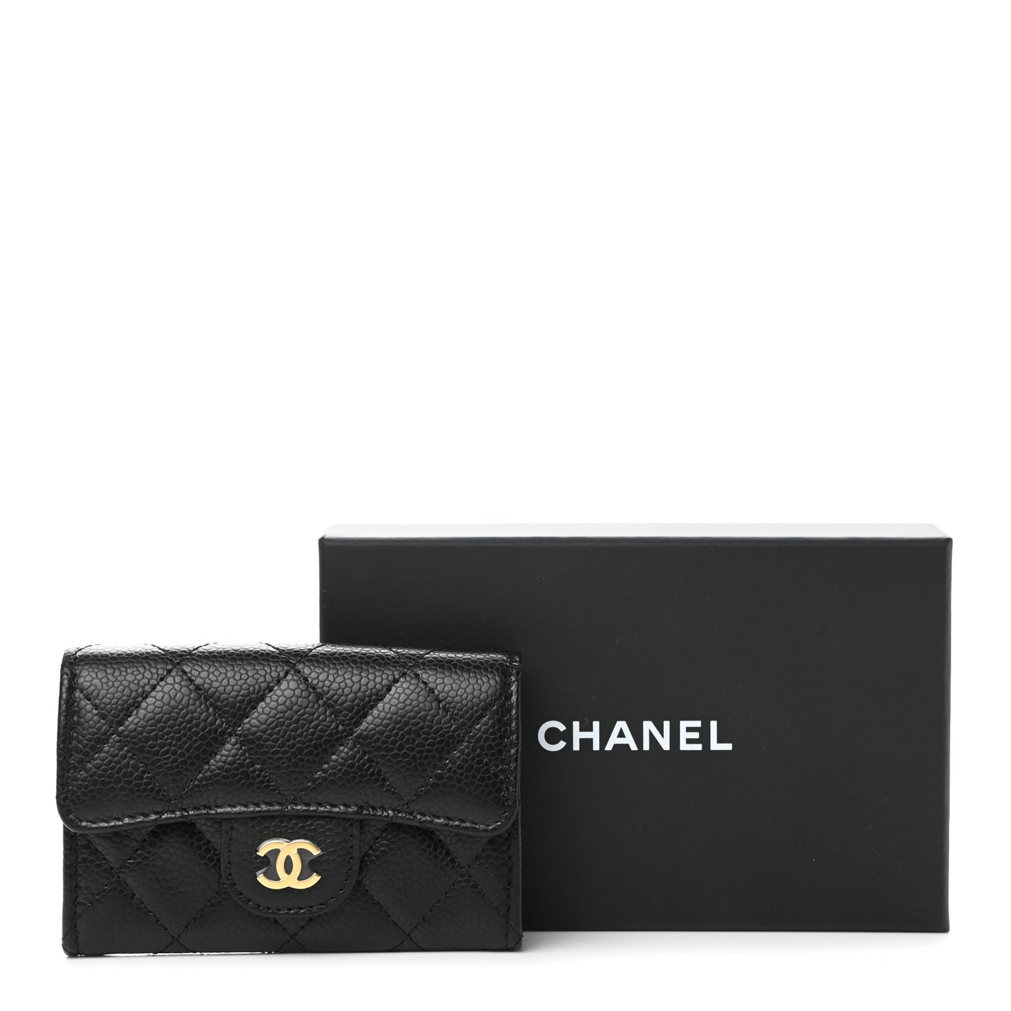 Caviar Quilted Flap Card Holder Wallet Black