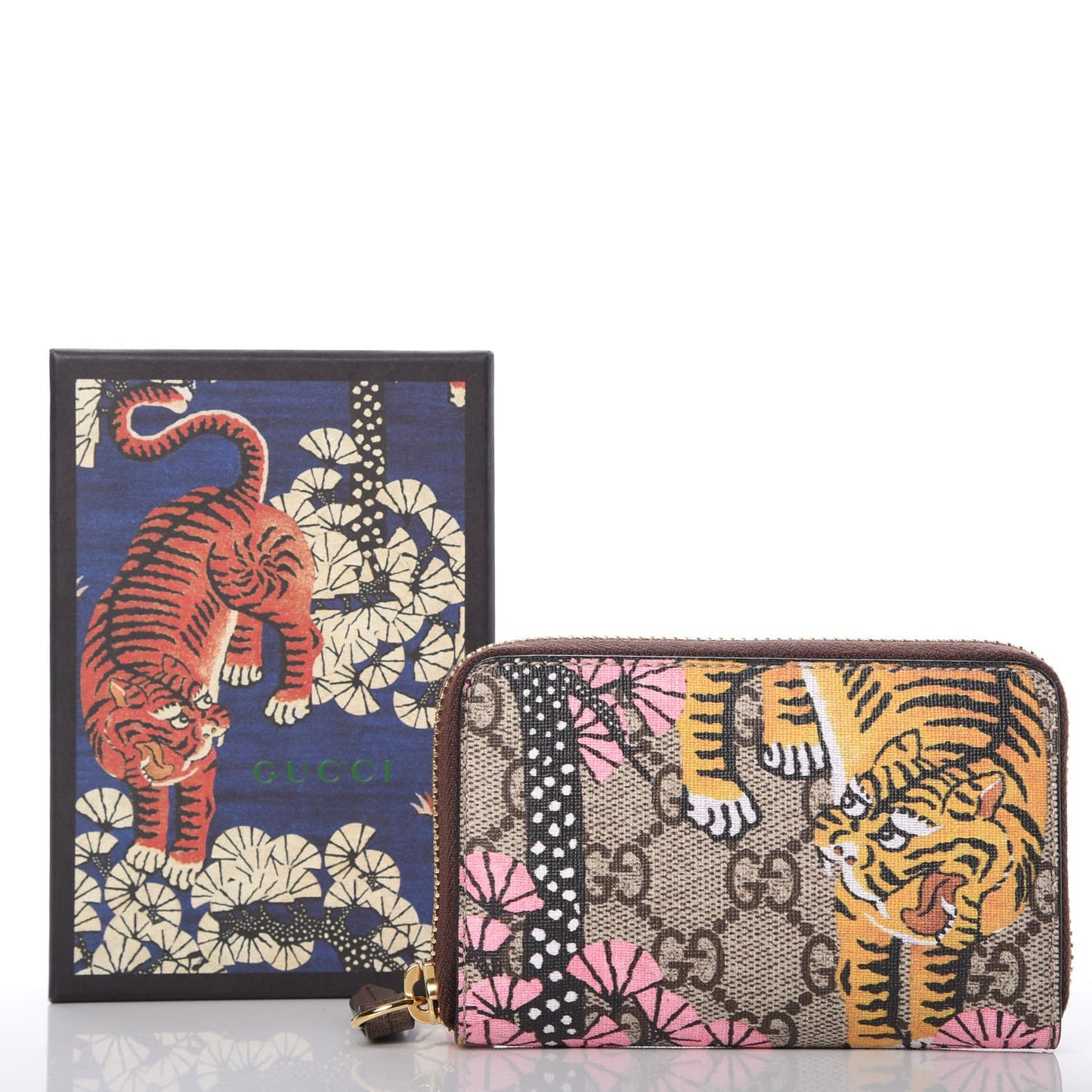GG Supreme Monogram Bengal Zip Around Card Case Wallet Beige Pink