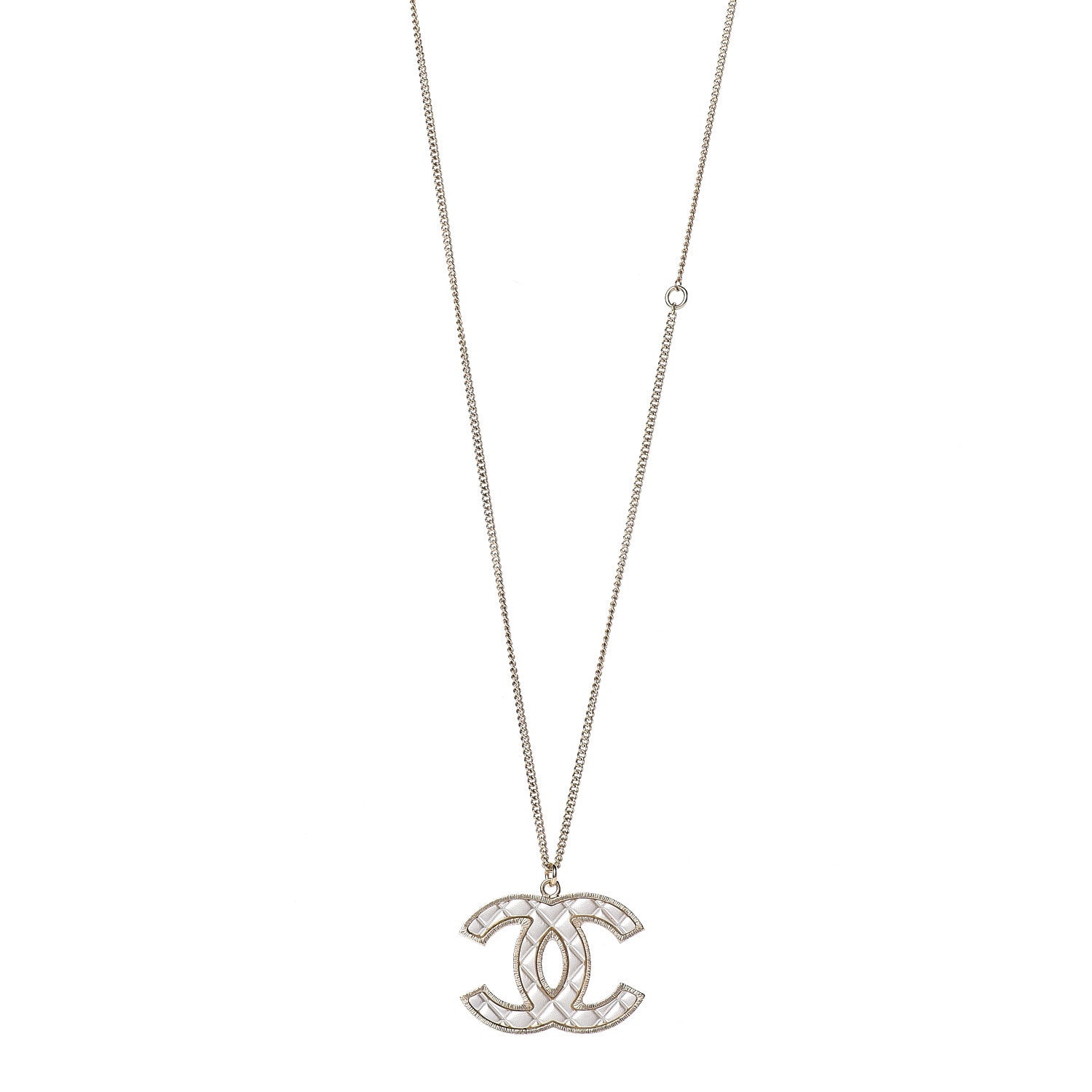 Chanel Metal Quilted CC Pendant Necklace Gold White 1 of 5