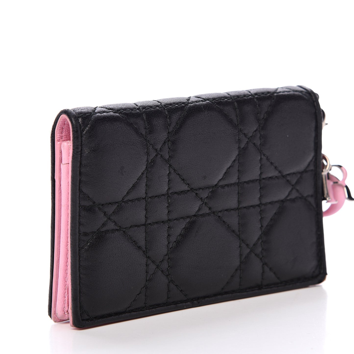 Lambskin Cannage Bi-Color Small Lady Dior Flap Card Holder Black Pink