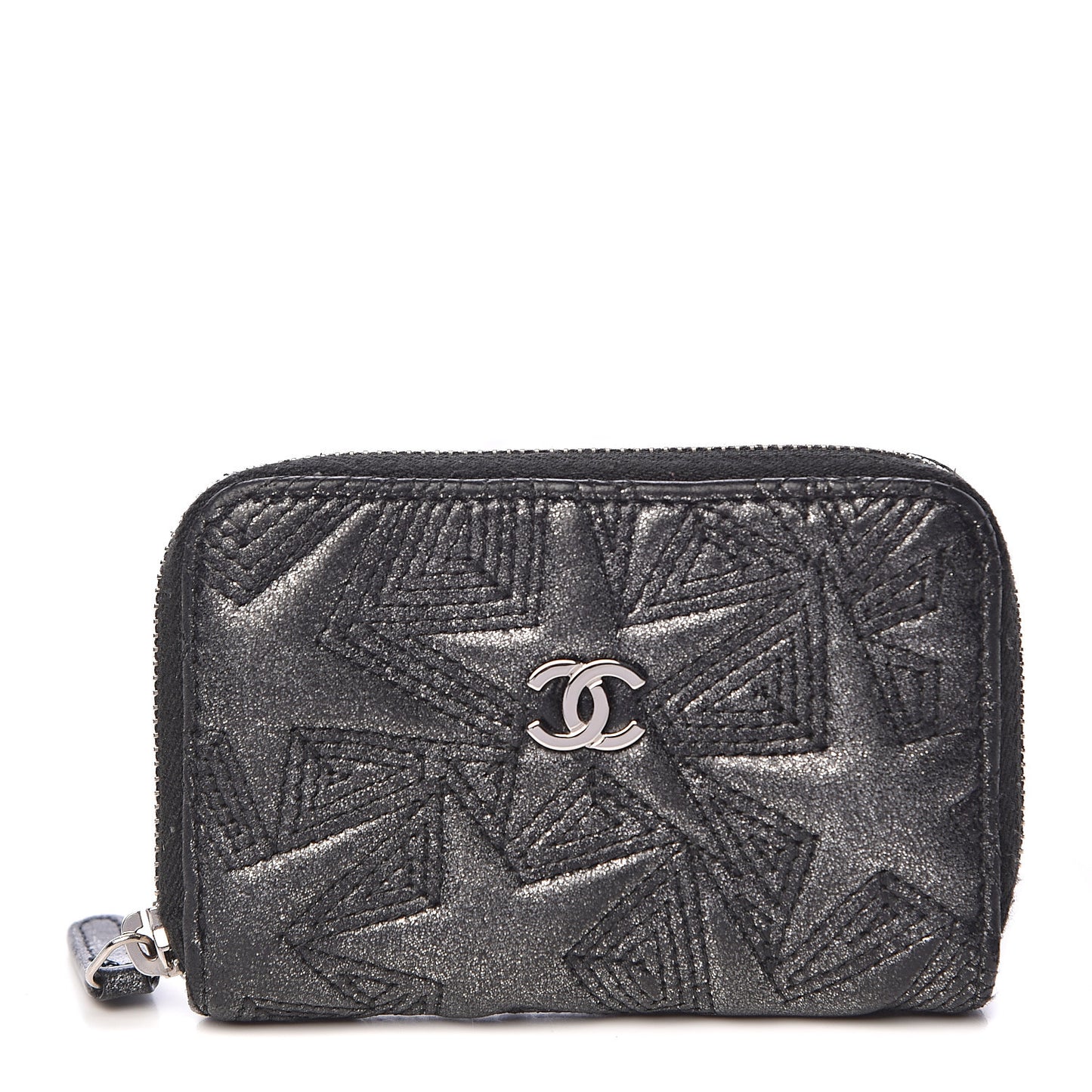 Metallic Lambskin Star Embossed Coin Purse Case Dark Grey