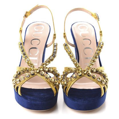Gucci Velvet Nappa Crystal Zephyra Slingback Platform High Heel Sandals 38.5 Blue Gold 2 of 9