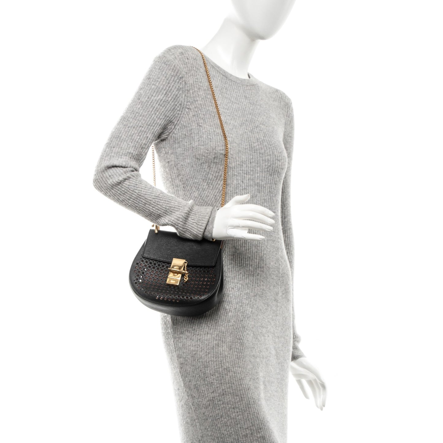 Calfskin Perforated Mini Drew Shoulder Bag Black