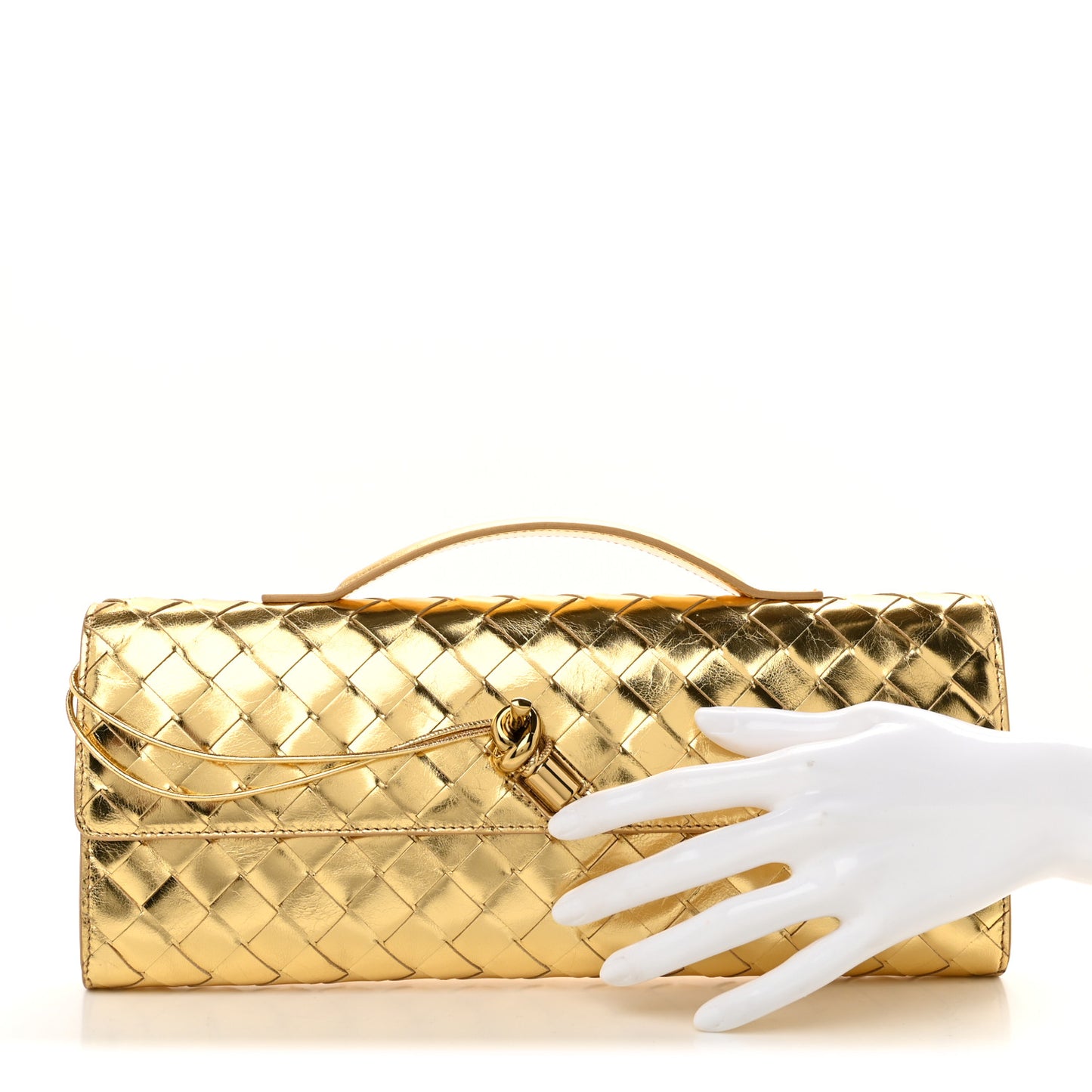 Metallic Lambskin Intrecciato Long Andiamo Top Handle Clutch Gold