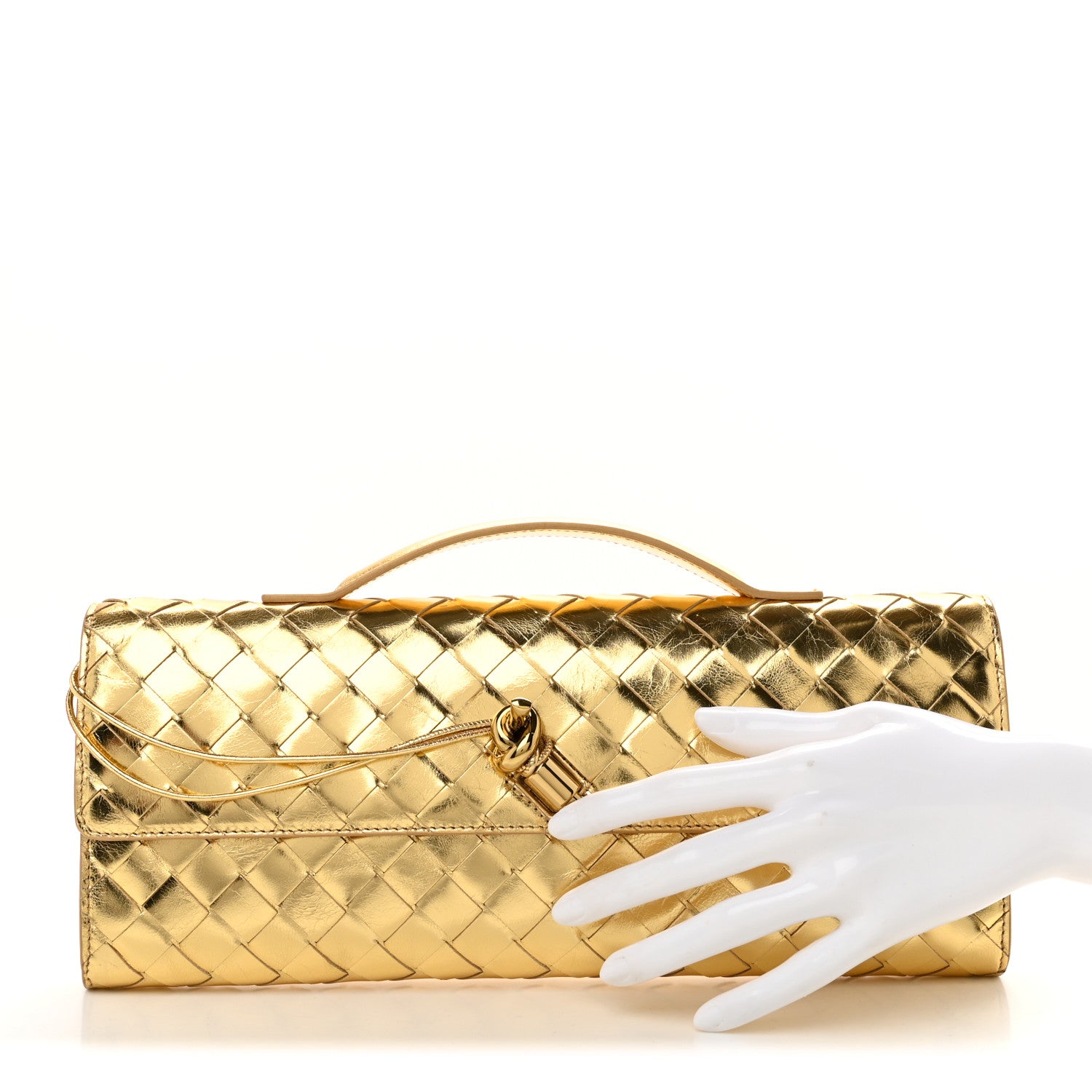 Bottega Veneta Metallic Lambskin Intrecciato Long Andiamo Top Handle Clutch Gold 2 of 7