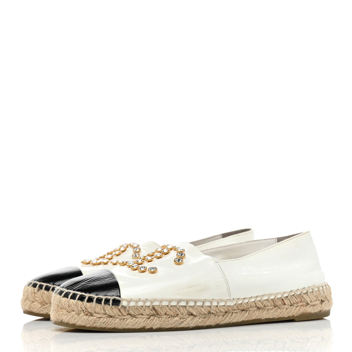 Patent Calfskin Crystal CC Espadrilles 37 White Black