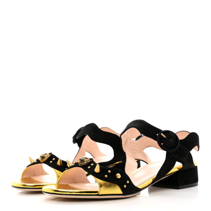 Gucci Velvet Metallic Nappa Spiked Feline Sandals 38 Black Gold 3 of 8