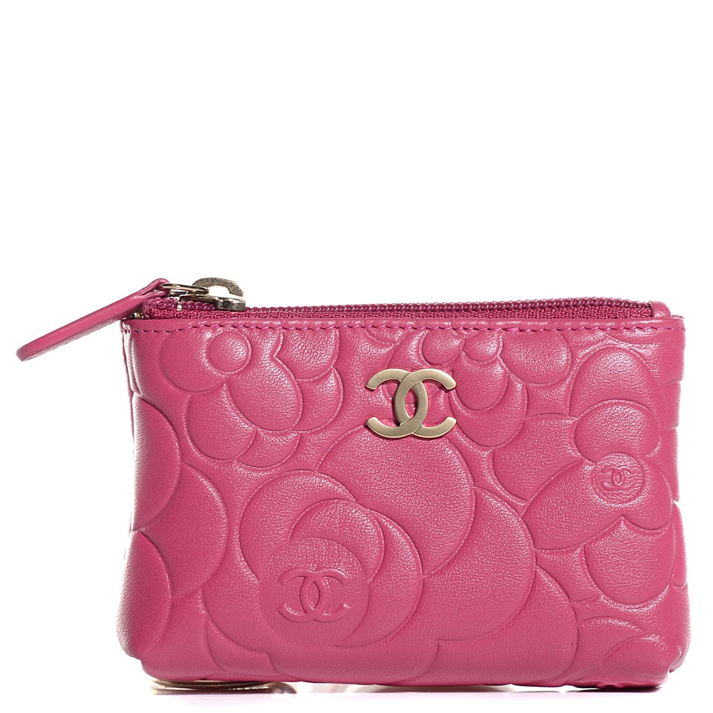 Lambskin Camellia Embossed Key Holder Case Fuchsia