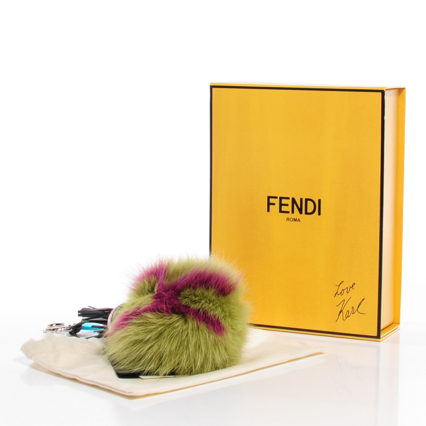 Fox Fur Shiny Nappa Super Karlito Pom Pom Bag Charm Malachite Multicolor Black