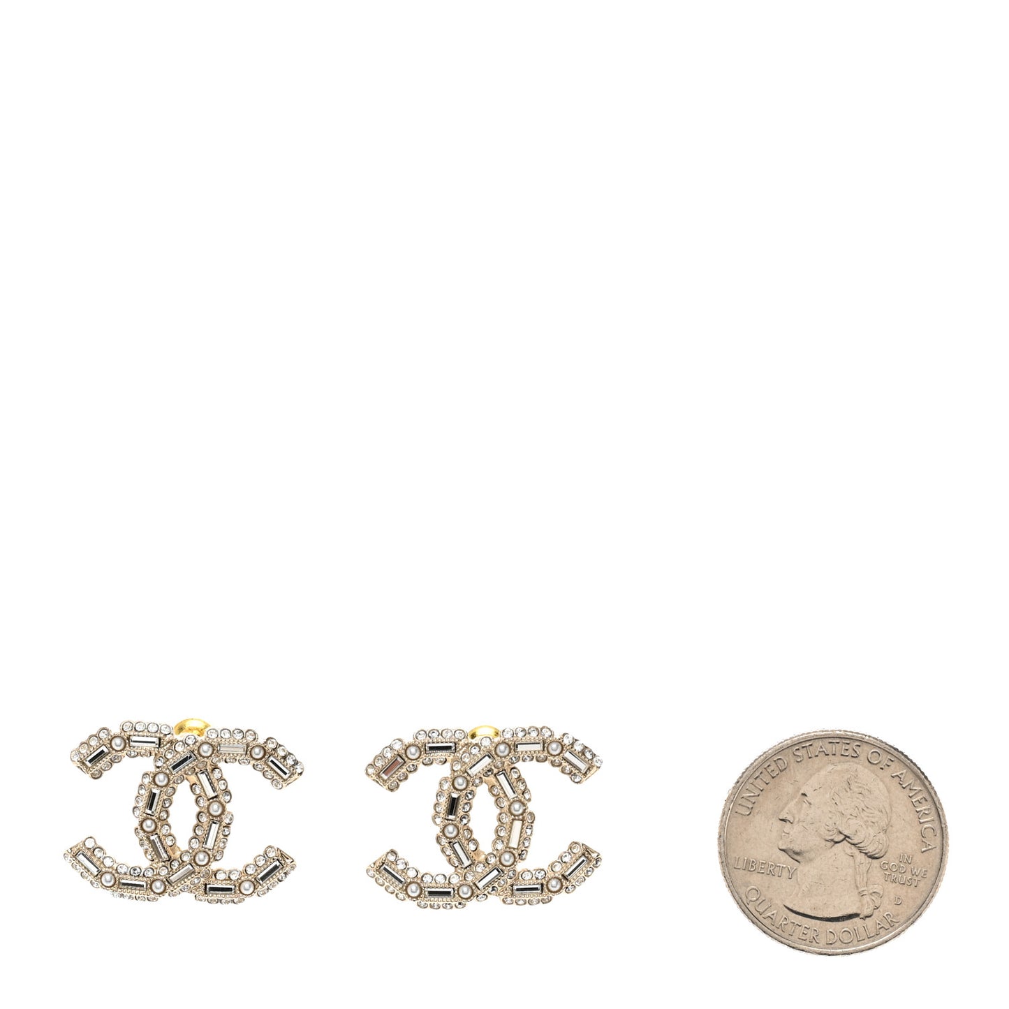 Crystal Baguette Pearl CC Earrings Gold Pearly White