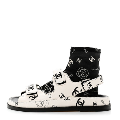 Chanel Lambskin Printed CC Velcro Dad Sandals 38 White Black 1 of 9