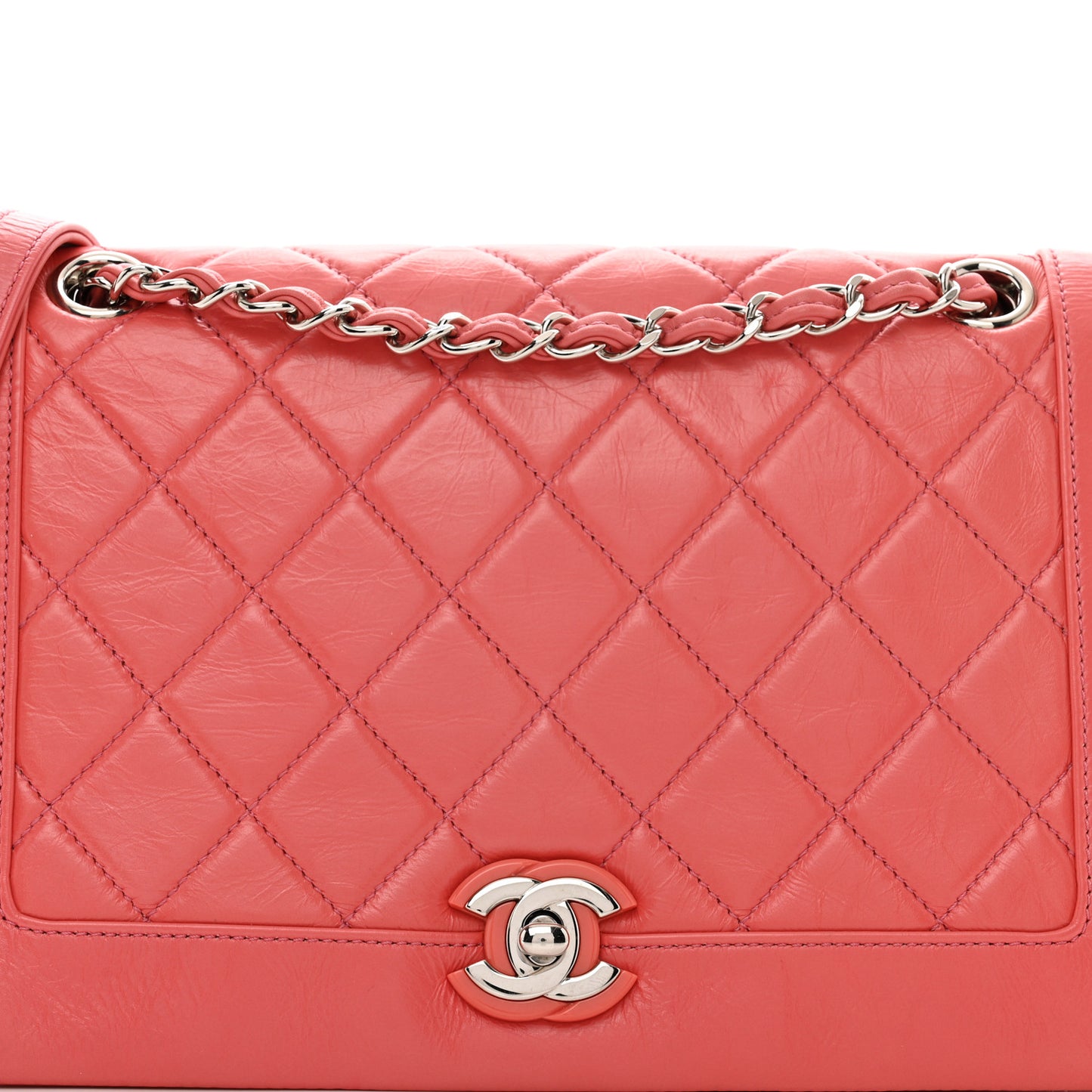 Distressed Calfskin Quilted Enamel CC Single Flap Bag Pink