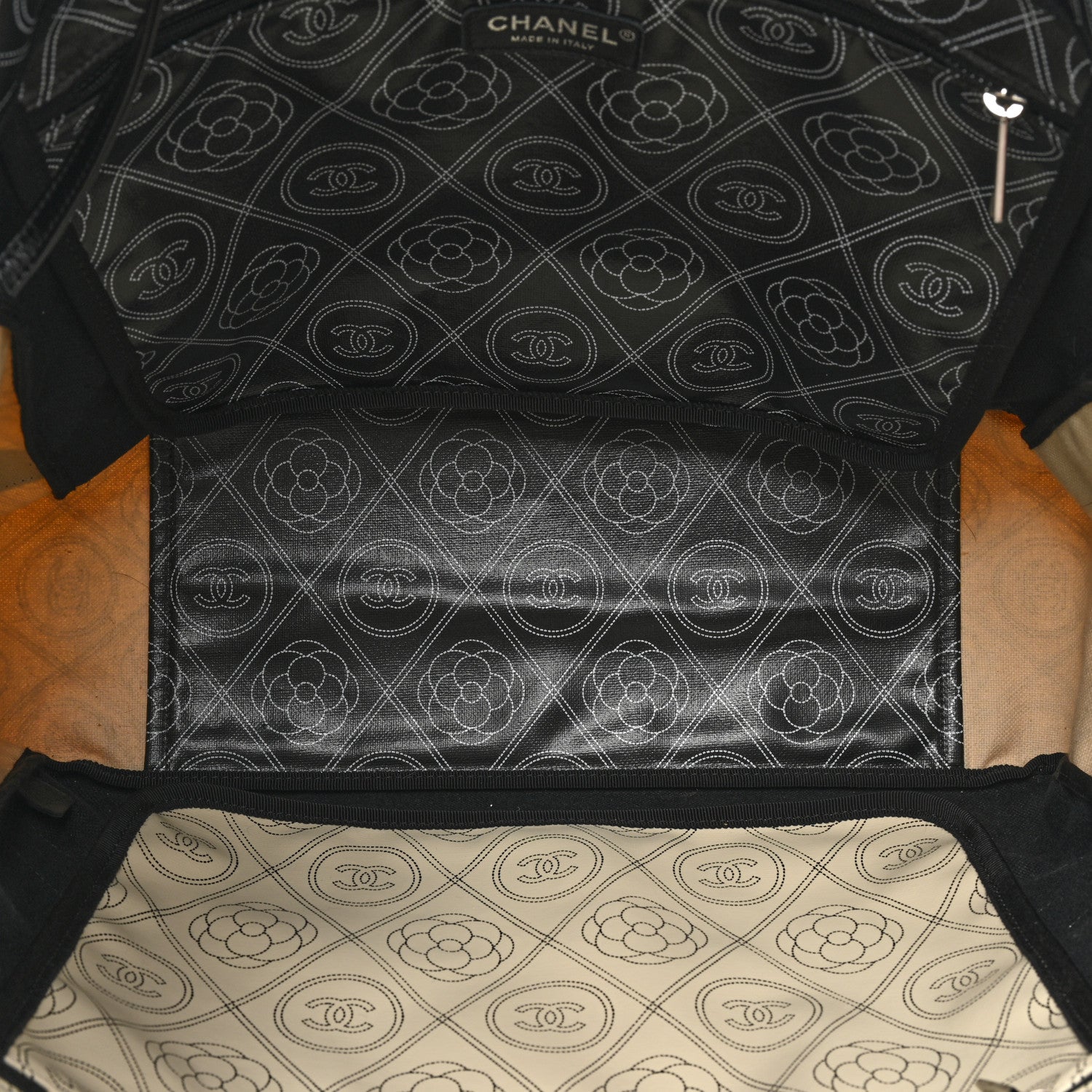 Chanel Coated Canvas Camellia Medium Shopping Tote Black Beige 5 of 9
