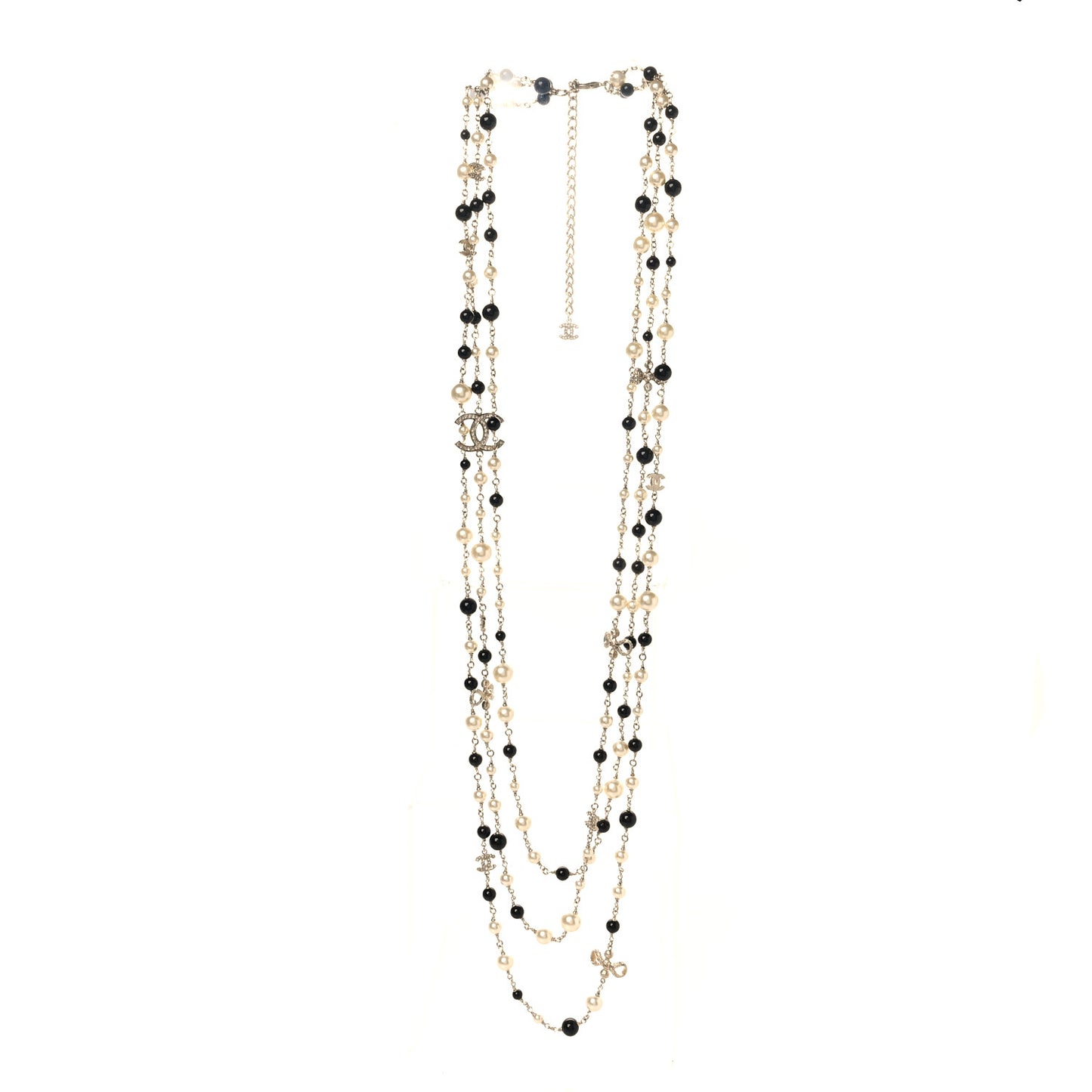 Pearl Beaded Crystal CC Long Necklace Gold Black White