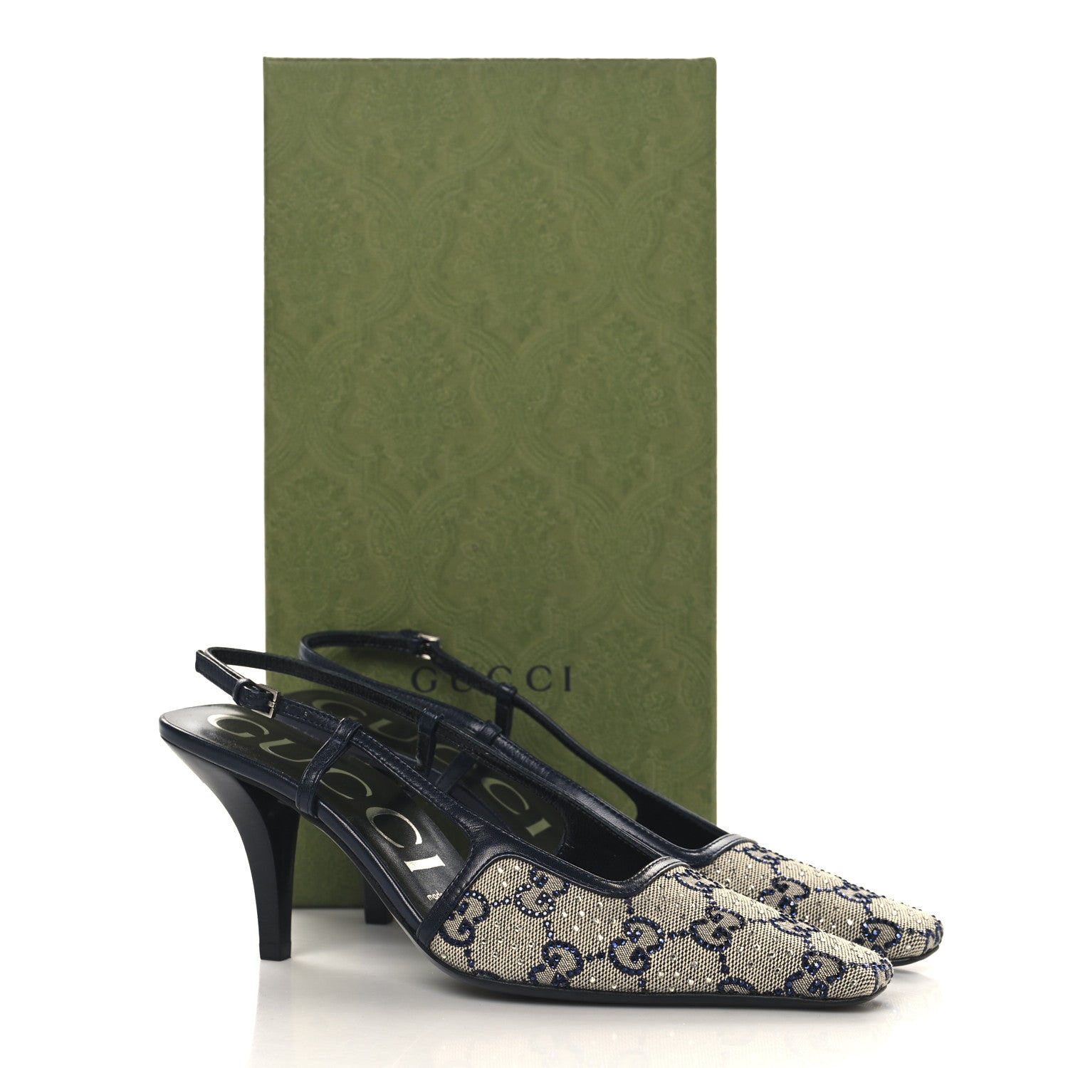 Gucci GG Monogram Malaga Kid Crystal Square G 75mm Slingback Pumps 36.5 Beige Blue 9 of 9