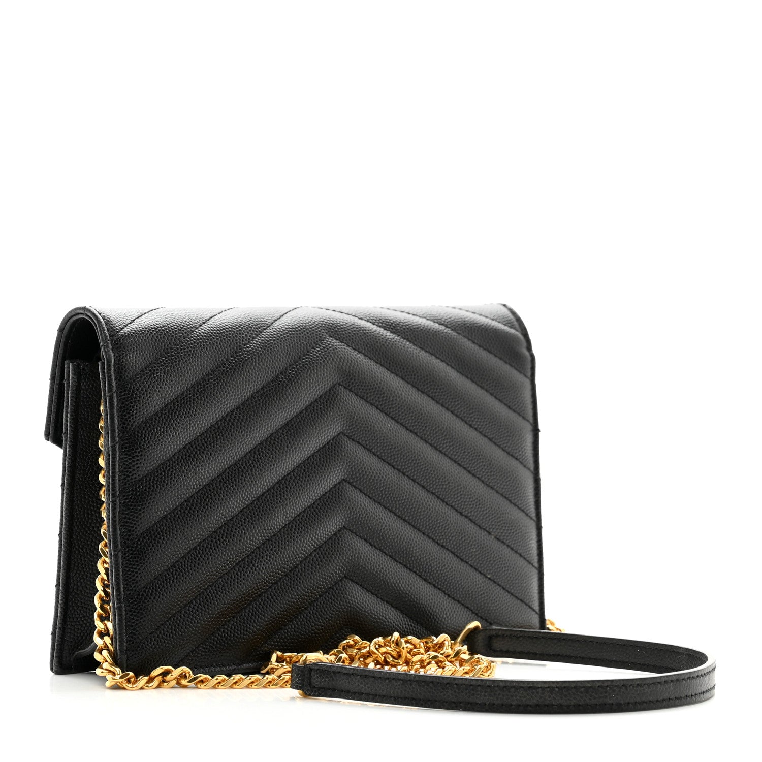 Saint Laurent Grain De Poudre Matelasse Chevron Monogram Envelope Chain Wallet Black 3 of 12