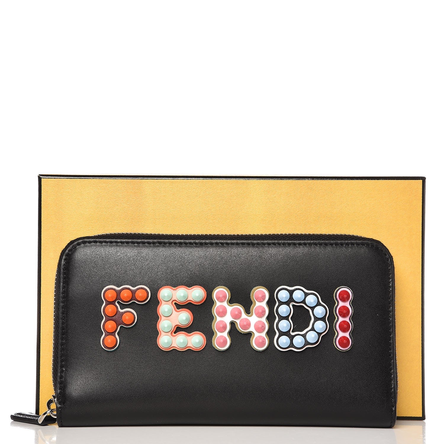 Fendi Vitello Liberty Fun Fair Studded Zip Around Wallet Black