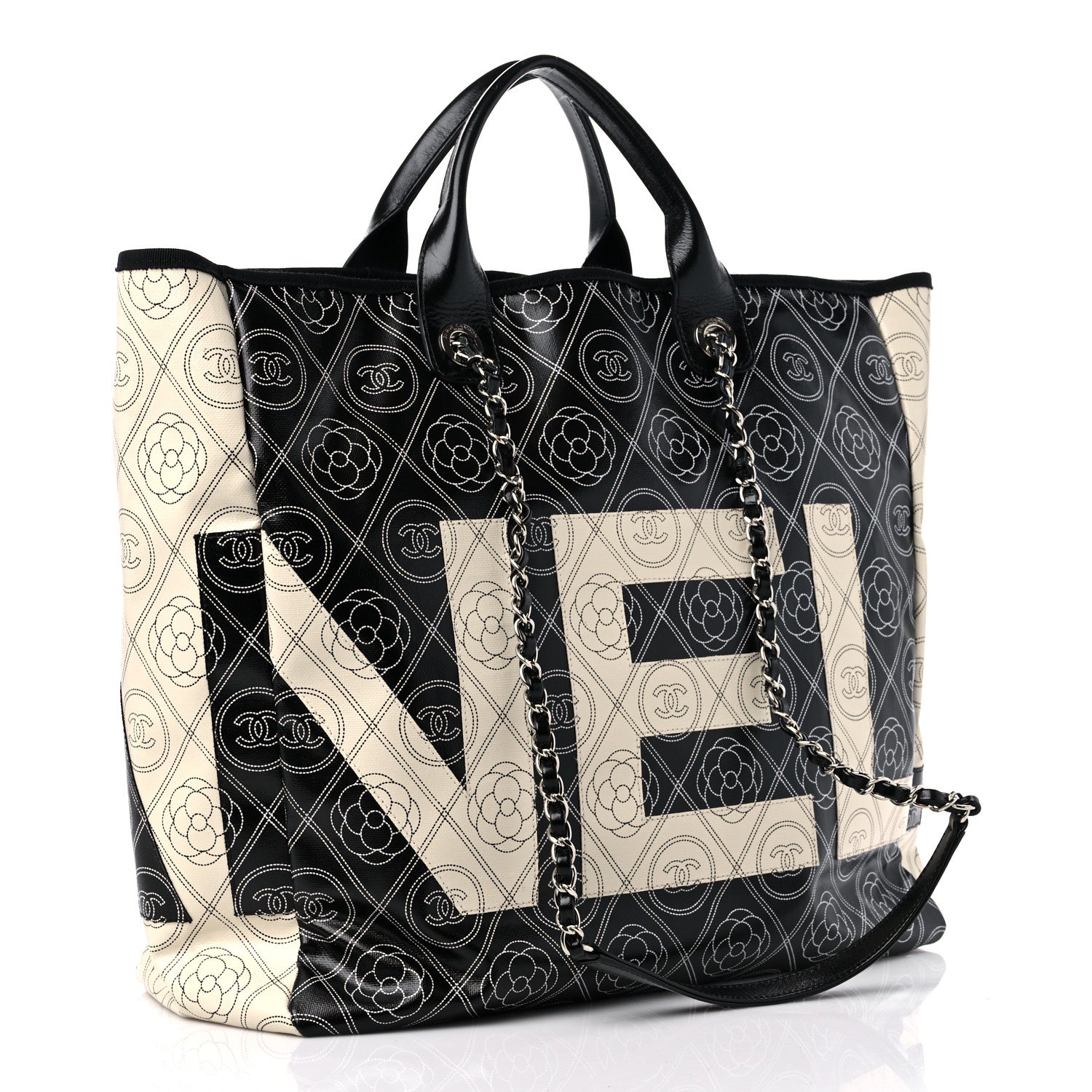 Chanel Coated Canvas Camellia Large Shopping Tote Black Beige 3 of 9